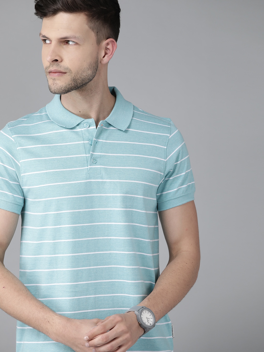

Roadster Men Blue & White Striped Polo Collar T-shirt