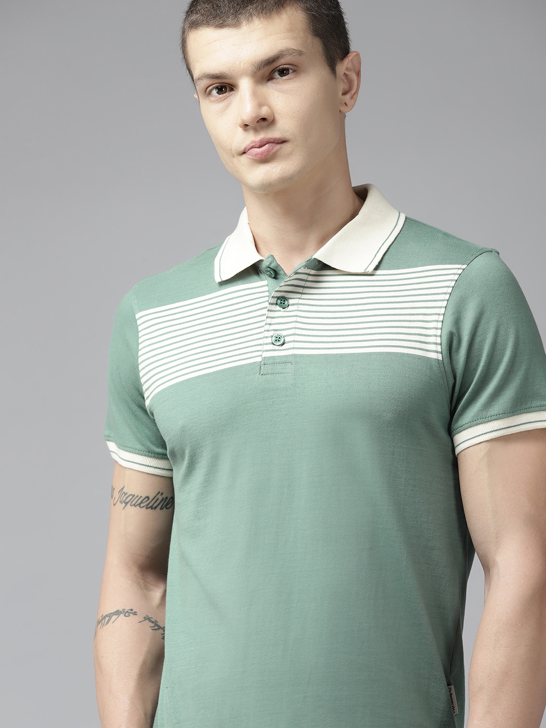 

The Roadster Lifestyle Co. Striped Polo Collar Pure Cotton T-shirt, Green