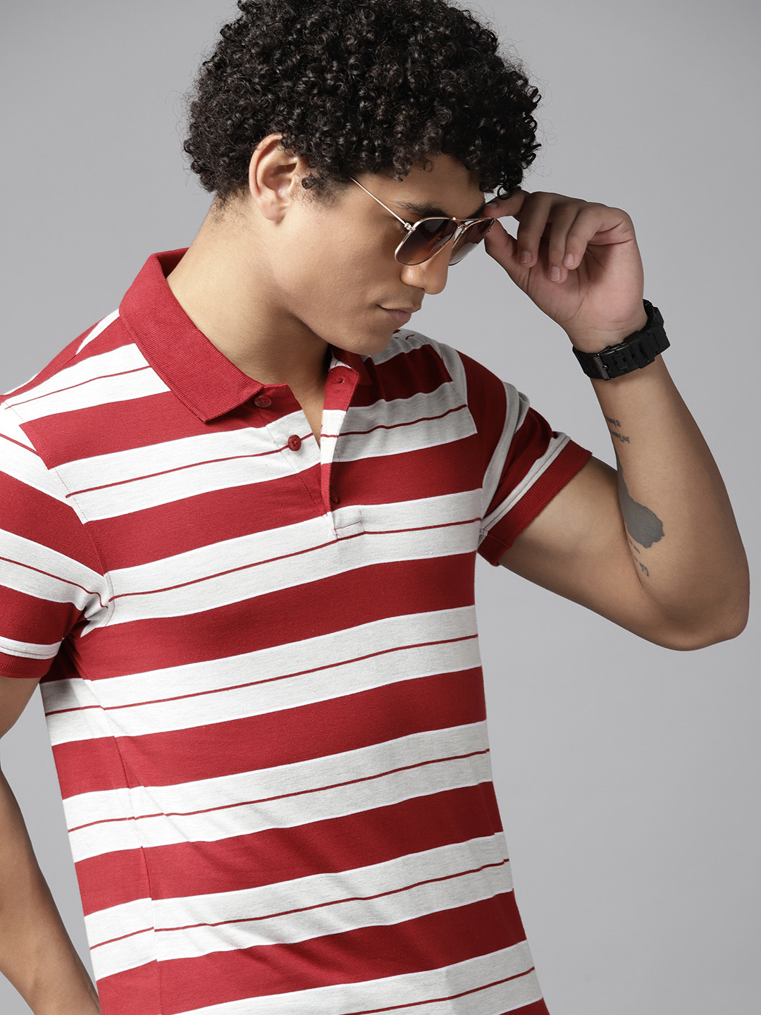 

The Roadster Lifestyle Co. Maroon & Grey Striped Polo Collar T-shirt