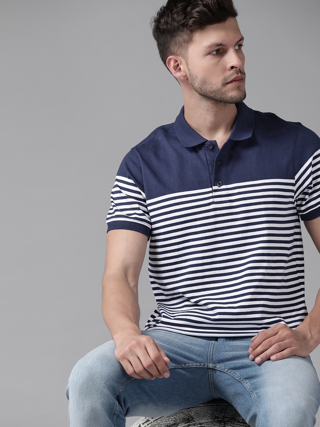

Roadster Men Navy Blue & White Striped Polo Collar Pure Cotton T-shirt