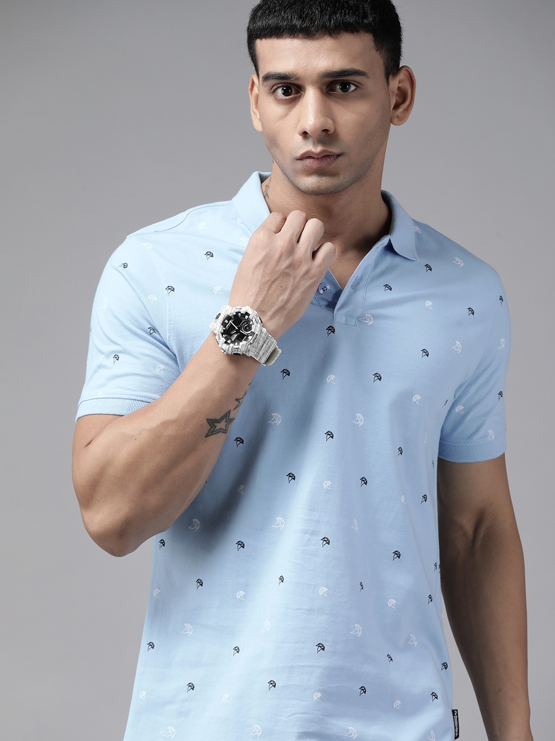 

Roadster Men Blue & White Conversational Print Polo Collar Pure Cotton T-shirt