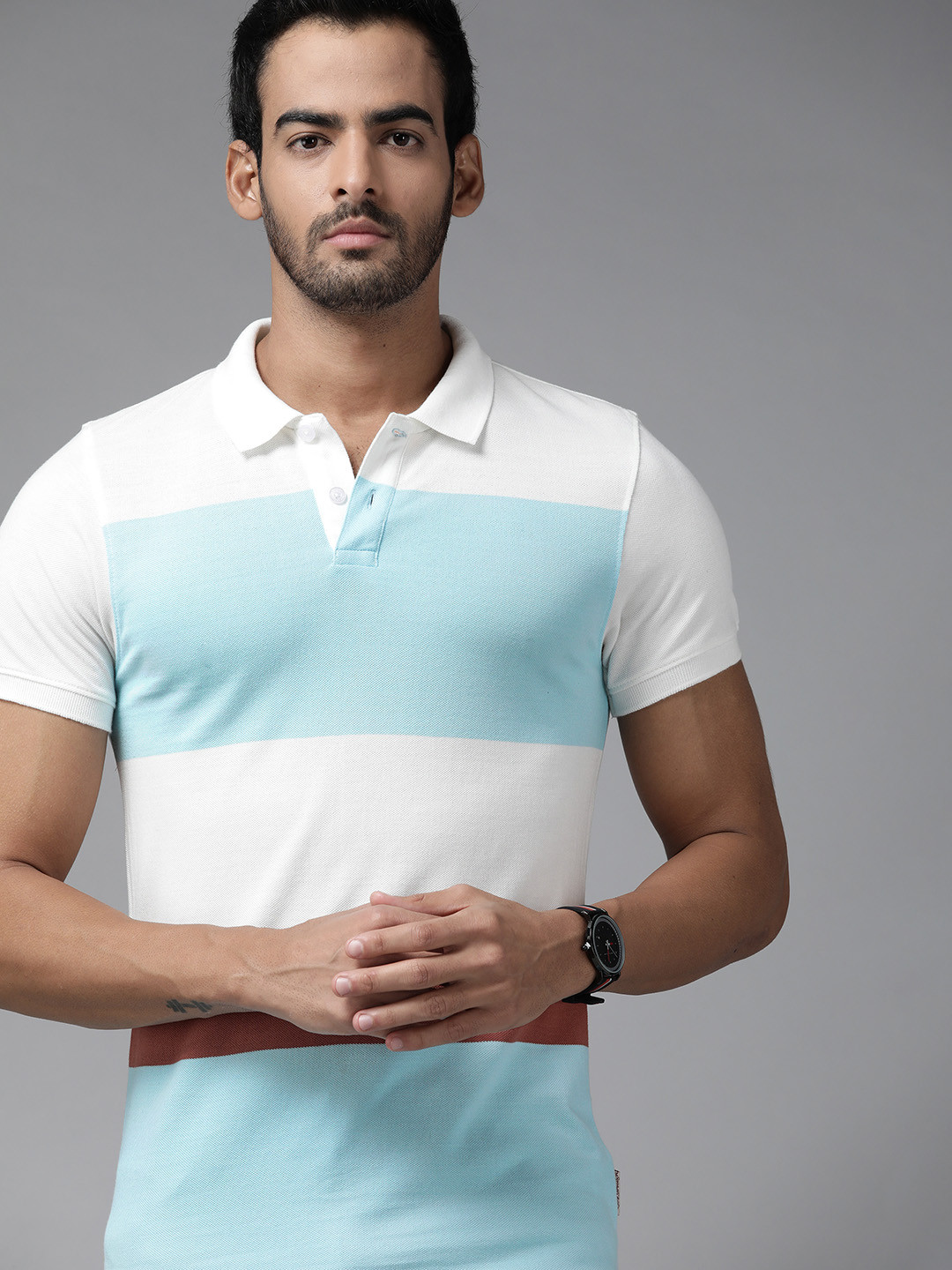 

Roadster Men White & Blue Striped Polo Collar Pure Cotton T-shirt