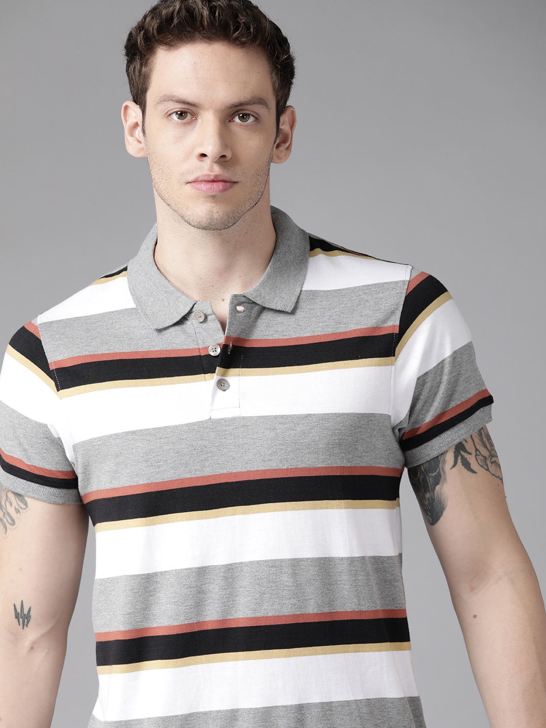 

Roadster Men Grey Melange & White Striped Polo Collar T-shirt