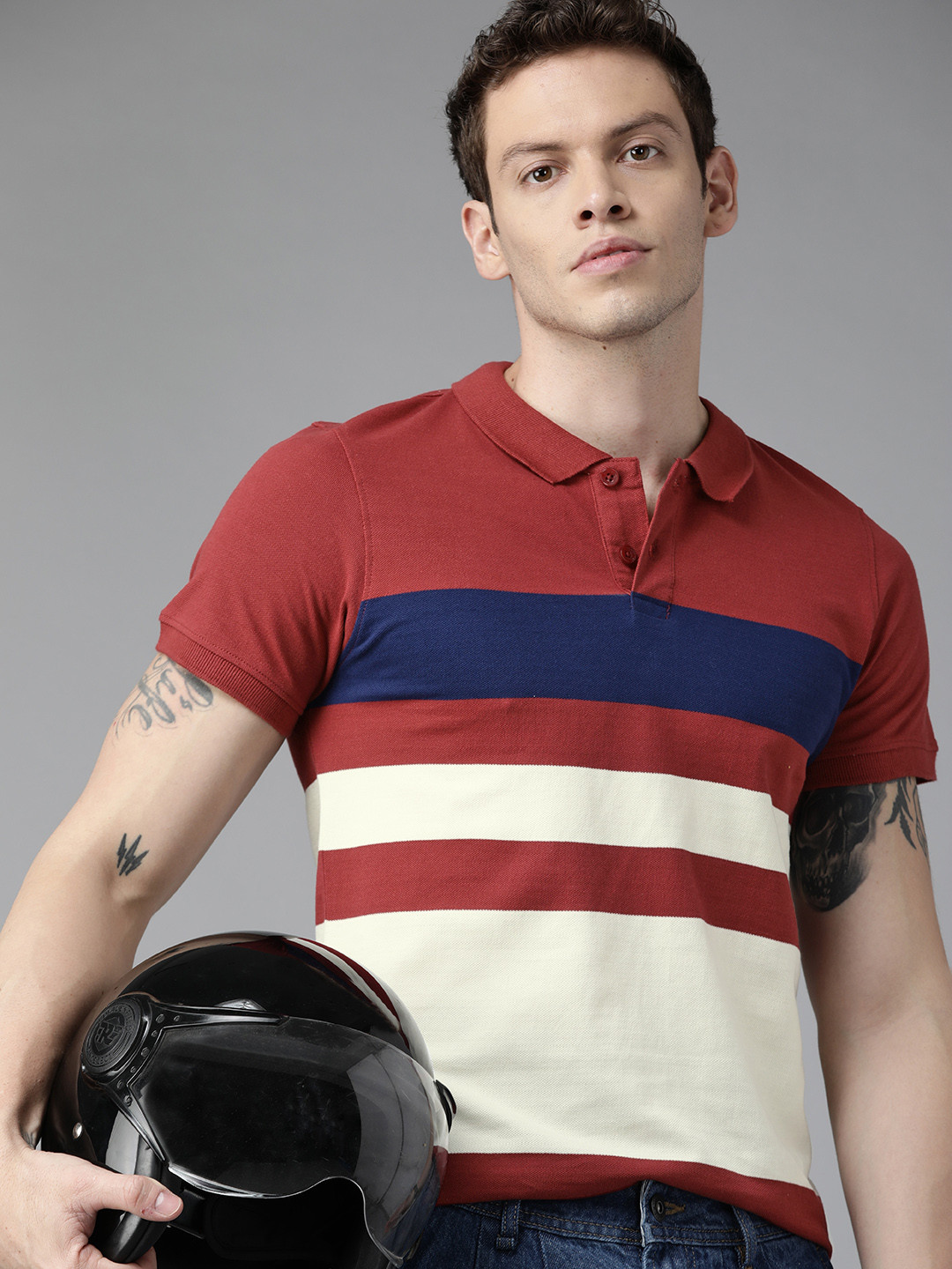 

Roadster Men Maroon & Off White Striped Polo Collar Pure Cotton T-shirt