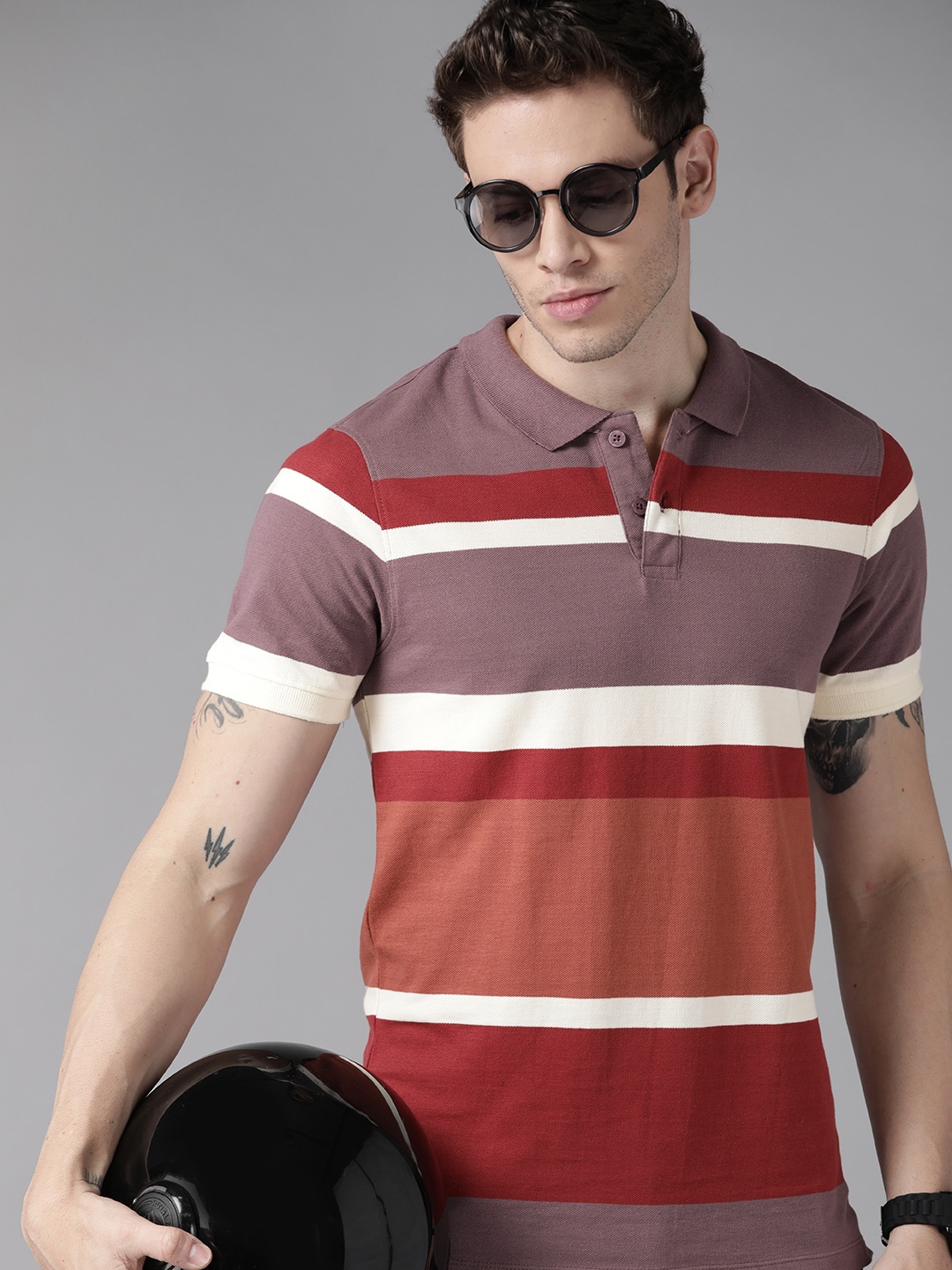

Roadster Men Mauve & Maroon Striped Polo Collar Pure Cotton T-shirt
