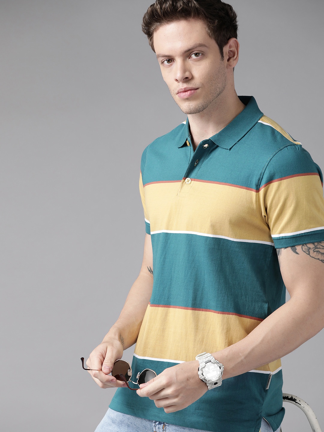 

Roadster Men Teal Green & Mustard Yellow Striped Polo Collar Pure Cotton T-shirt