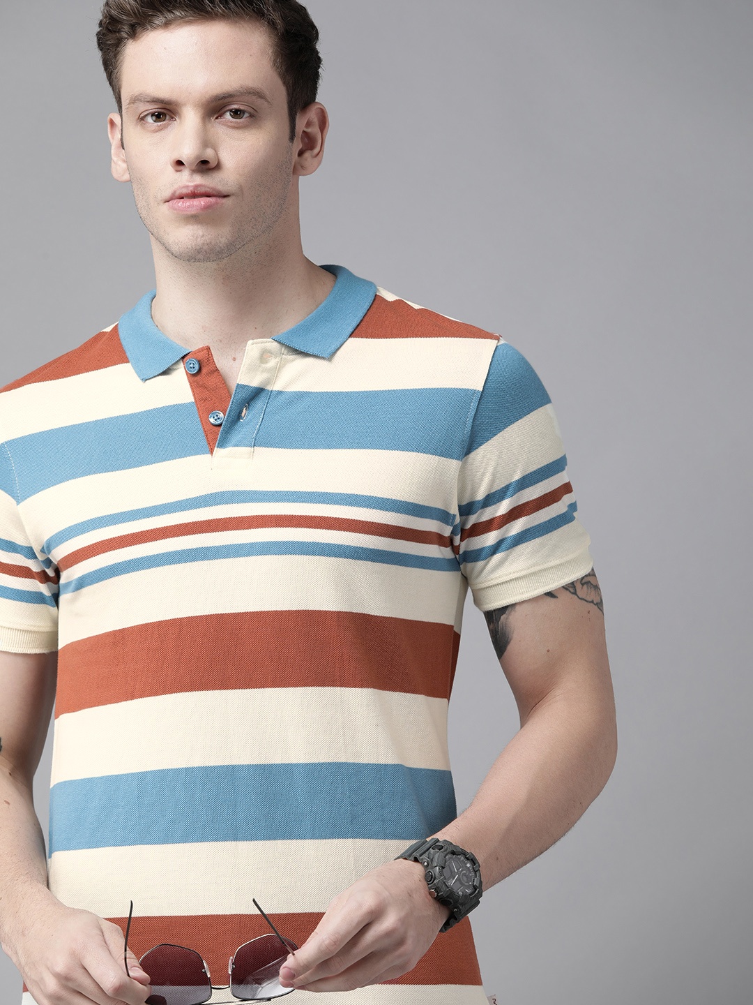 

Roadster Men Off White & Brown Striped Polo Collar Pure Cotton T-shirt