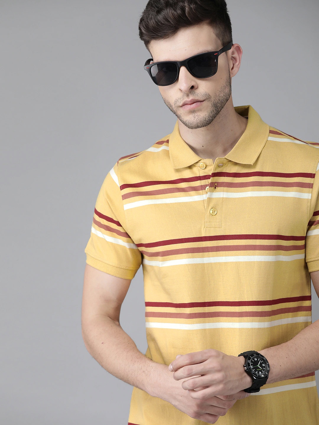 

Roadster Men Khaki & Maroon Striped Polo Collar Pure Cotton T-shirt