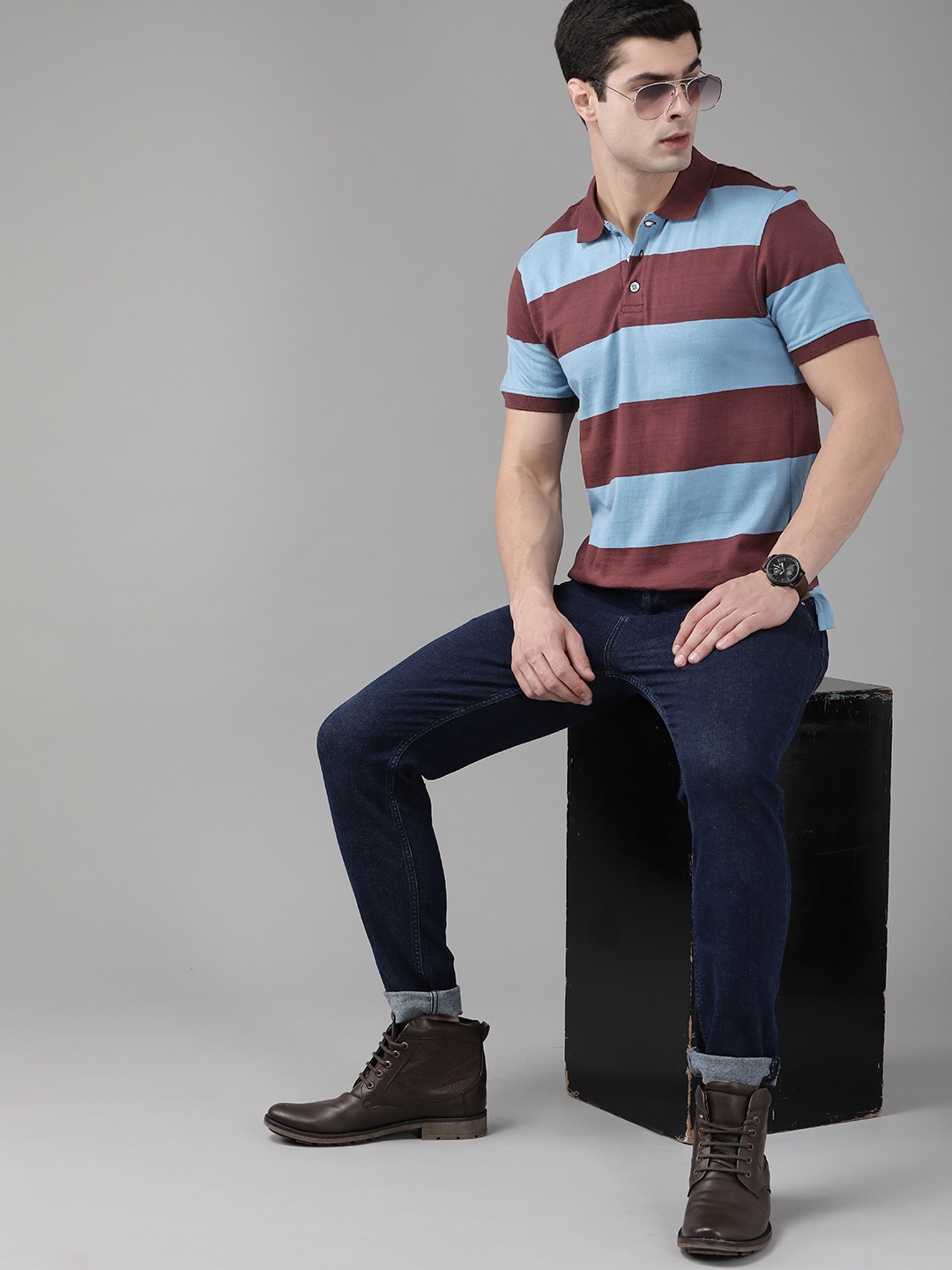 

Roadster Men Blue & Burgundy Striped Pure Cotton Polo Collar T-shirt