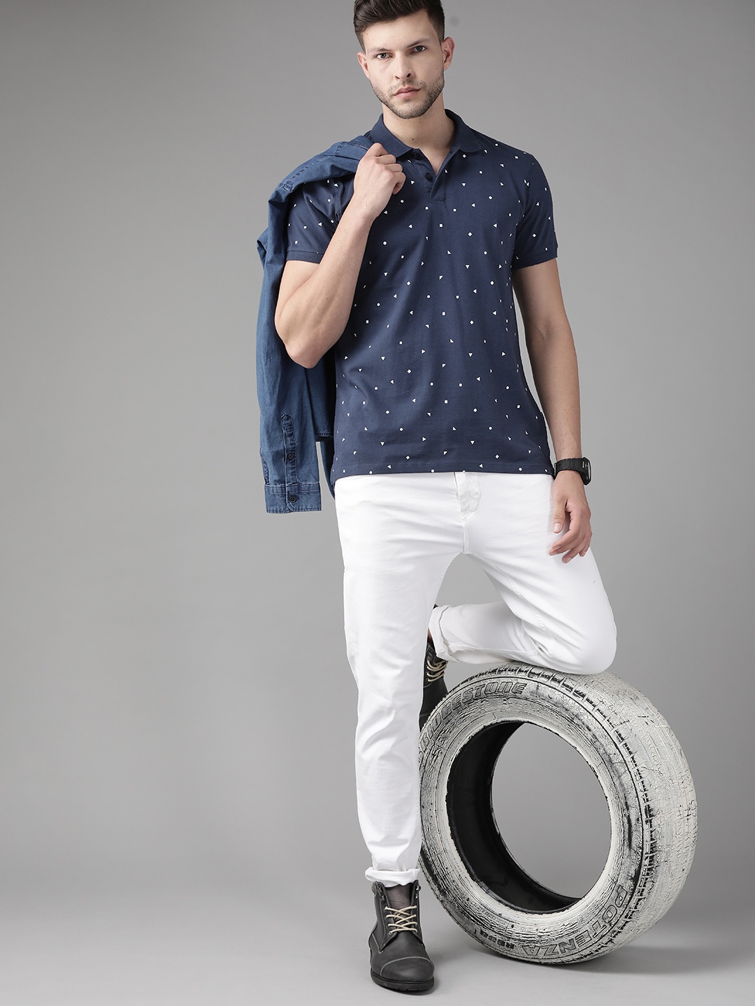 

Roadster Men Navy Blue & White Printed Pure Cotton Polo Collar T-shirt