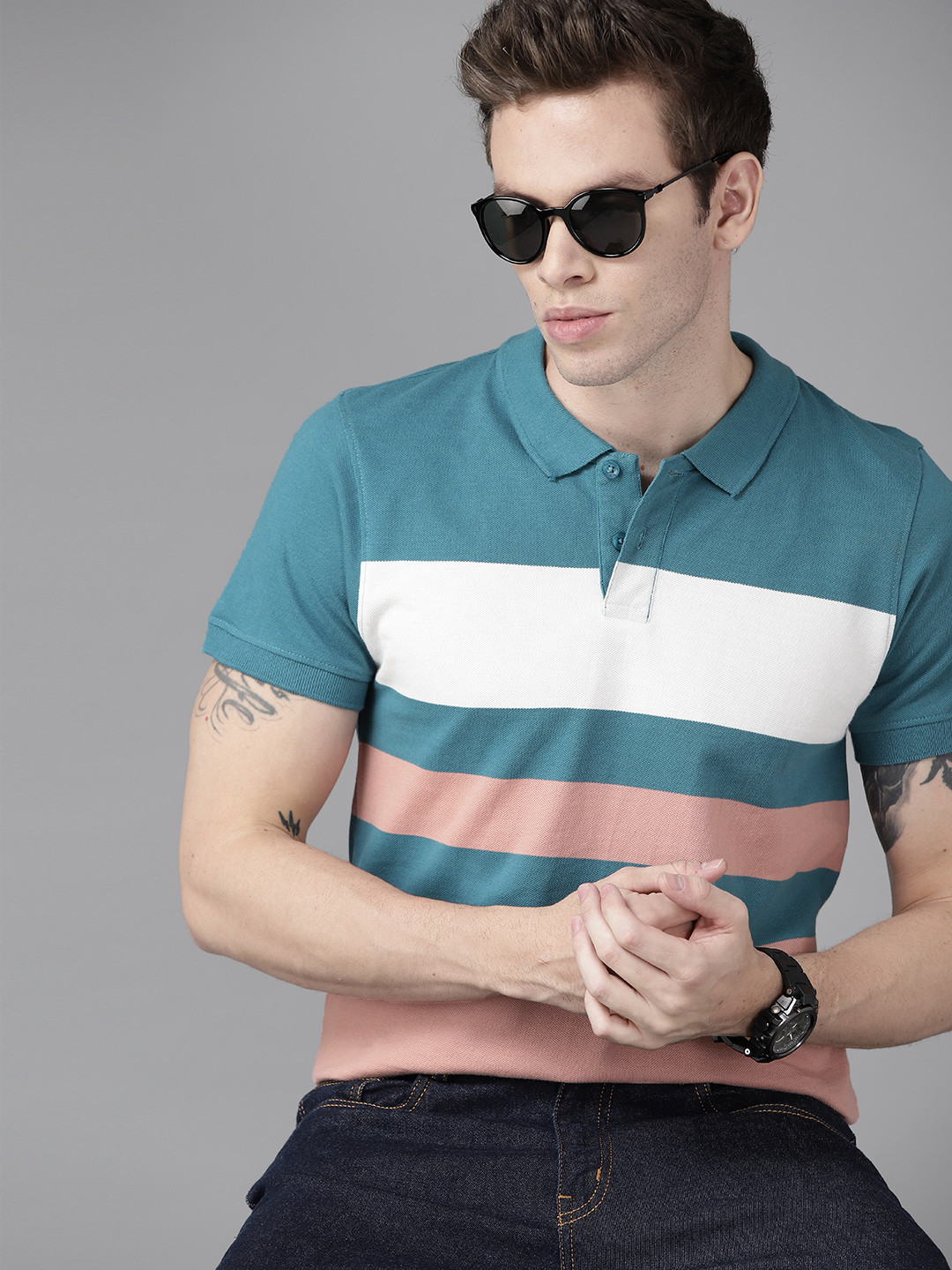 

Roadster Men Teal Blue & Pink Striped Polo Collar Pure Cotton T-shirt