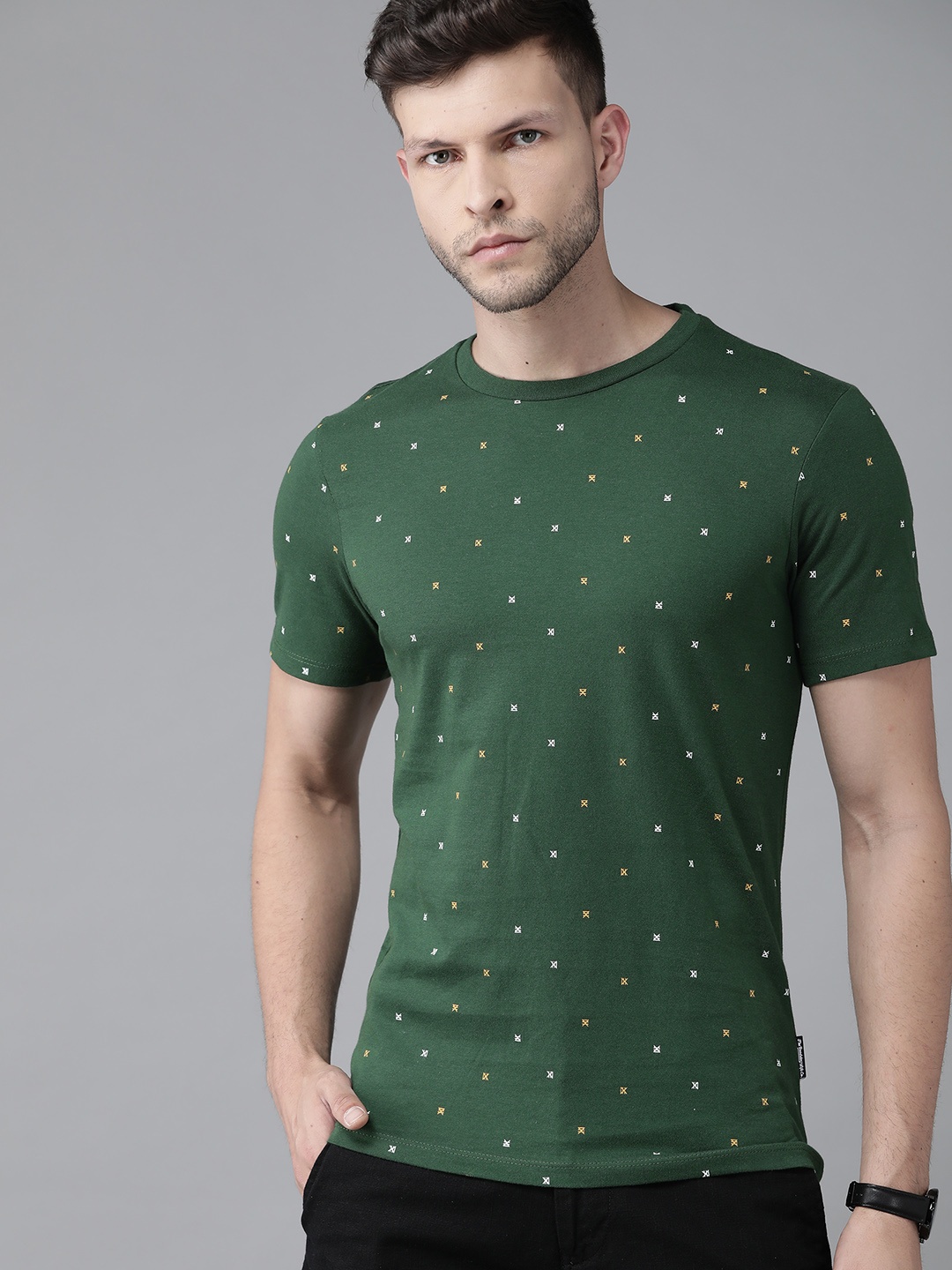 

Roadster Men Green & Yellow Printed Pure Cotton T-shirt