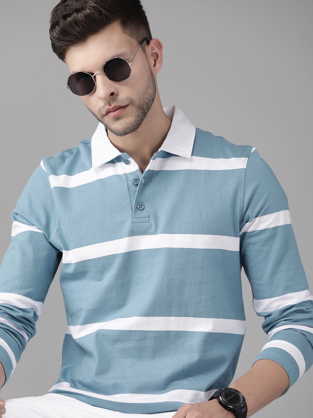 

Roadster Men Blue & White Striped Pure Cotton Polo Collar T-shirt