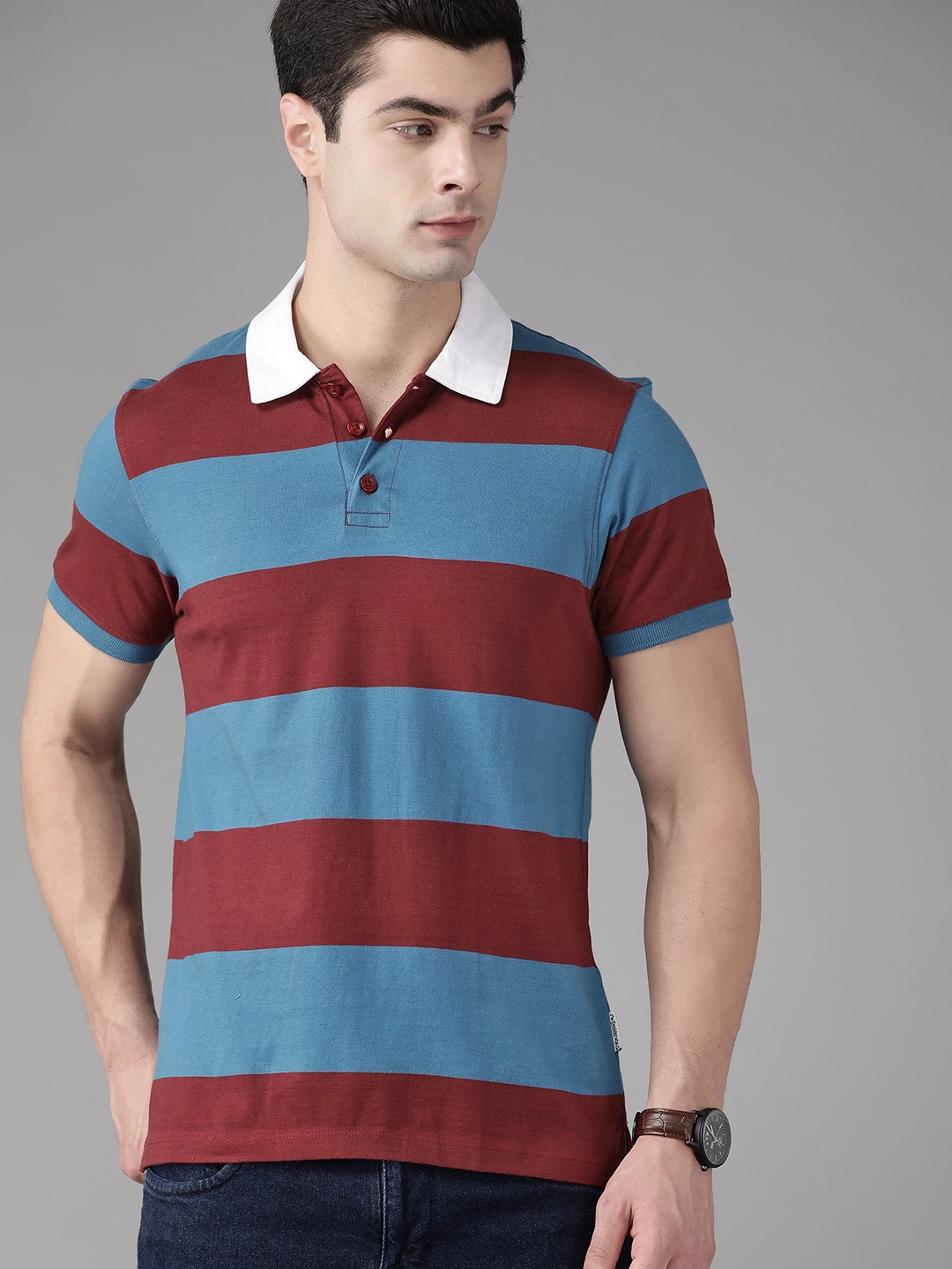 

Roadster Men Maroon & Blue Striped Pure Cotton Polo Collar T-shirt
