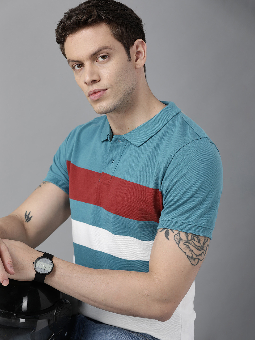 

Roadster Men Blue & White Striped Polo Collar Pure Cotton T-shirt