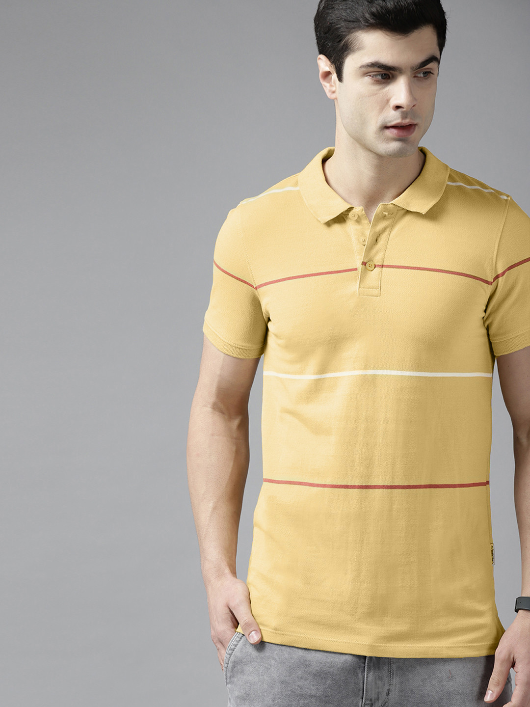 

Roadster Men Yellow Striped Pure Cotton Polo Collar T-shirt