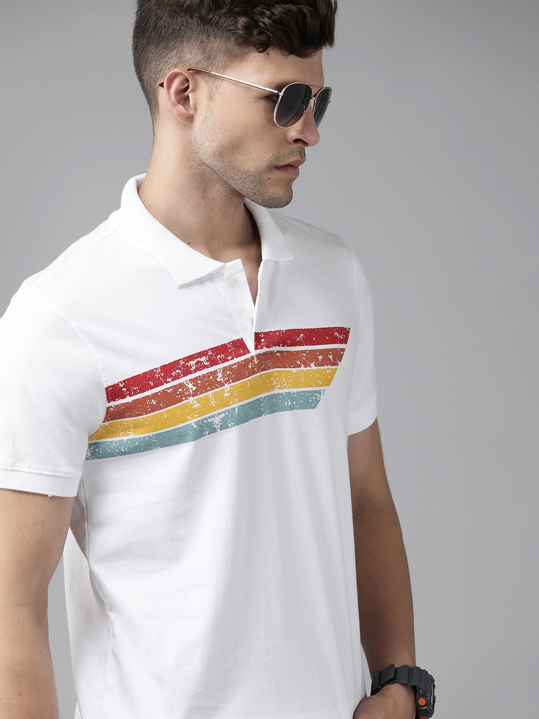 

Roadster Men White & Red Striped Polo Collar Pure Cotton T-shirt