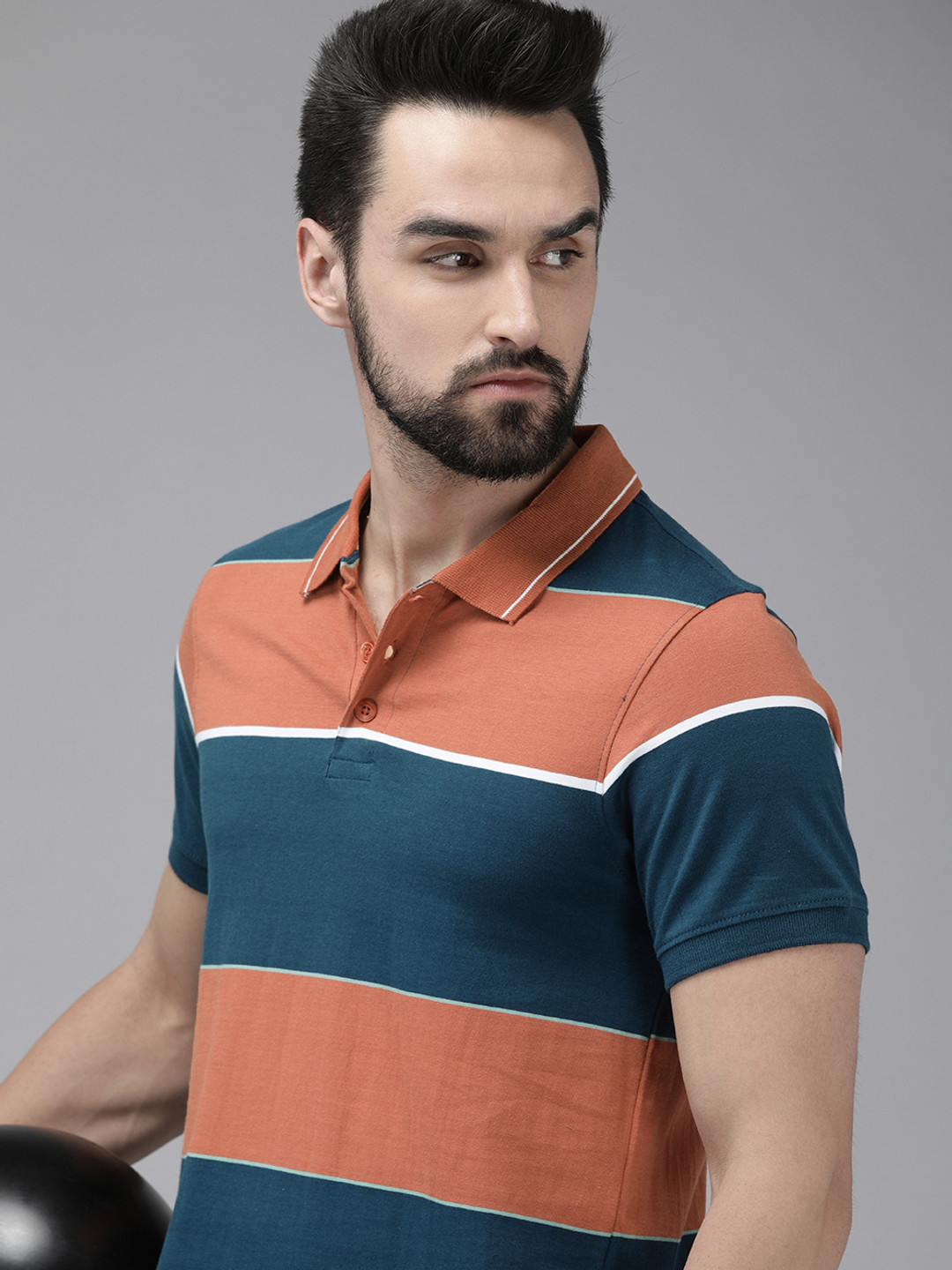 

The Roadster Lifestyle Co. Men Rust Orange & Teal Blue Striped Pure Cotton Polo T-shirt