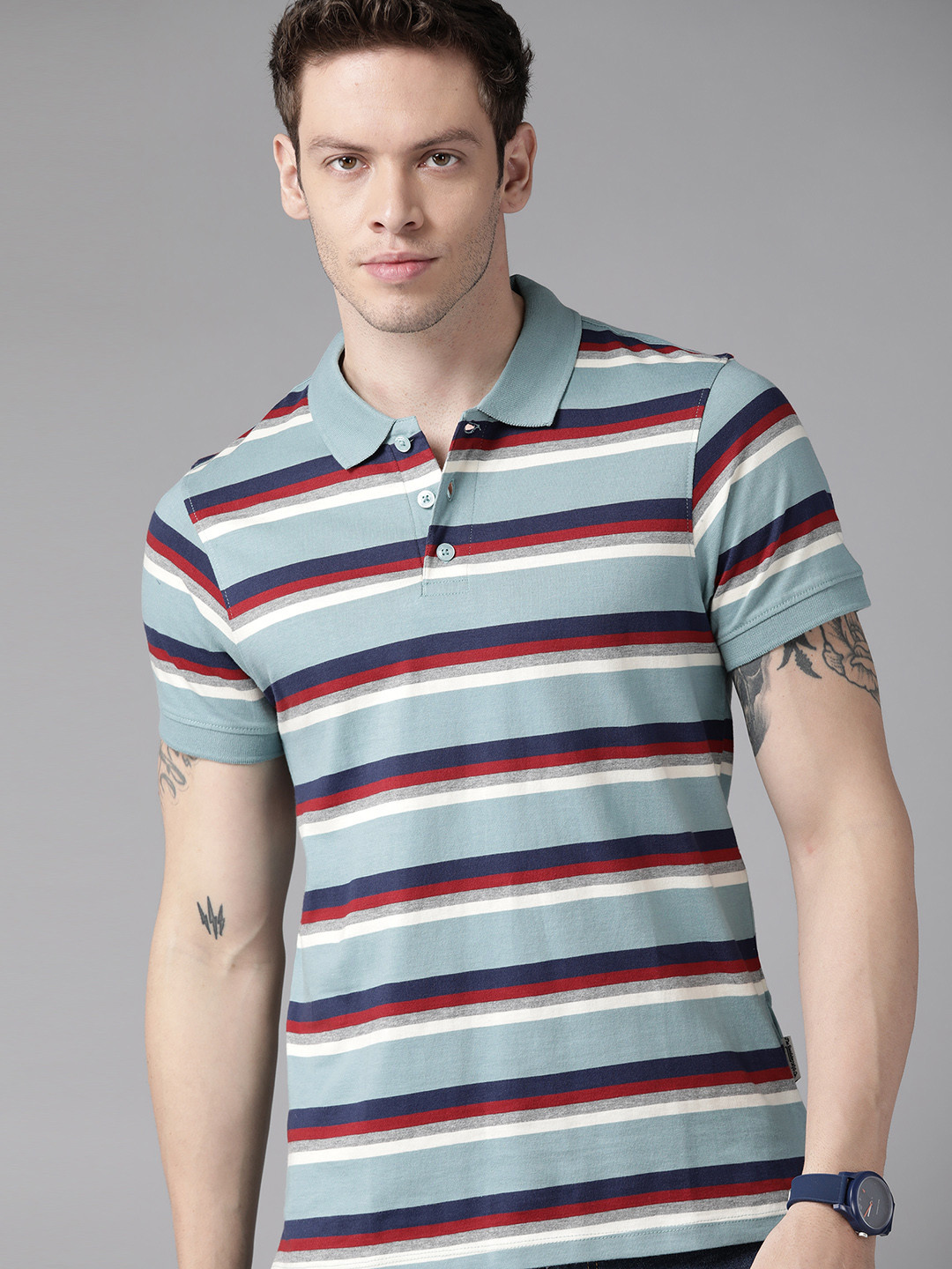 

Roadster Men Blue & White Striped Polo Collar T-shirt