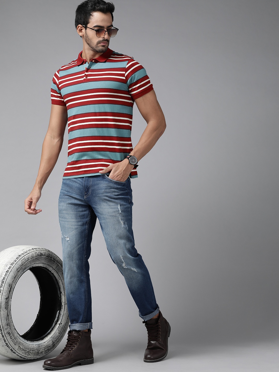

Roadster Men Maroon & Blue Striped Polo Collar Pure Cotton T-shirt