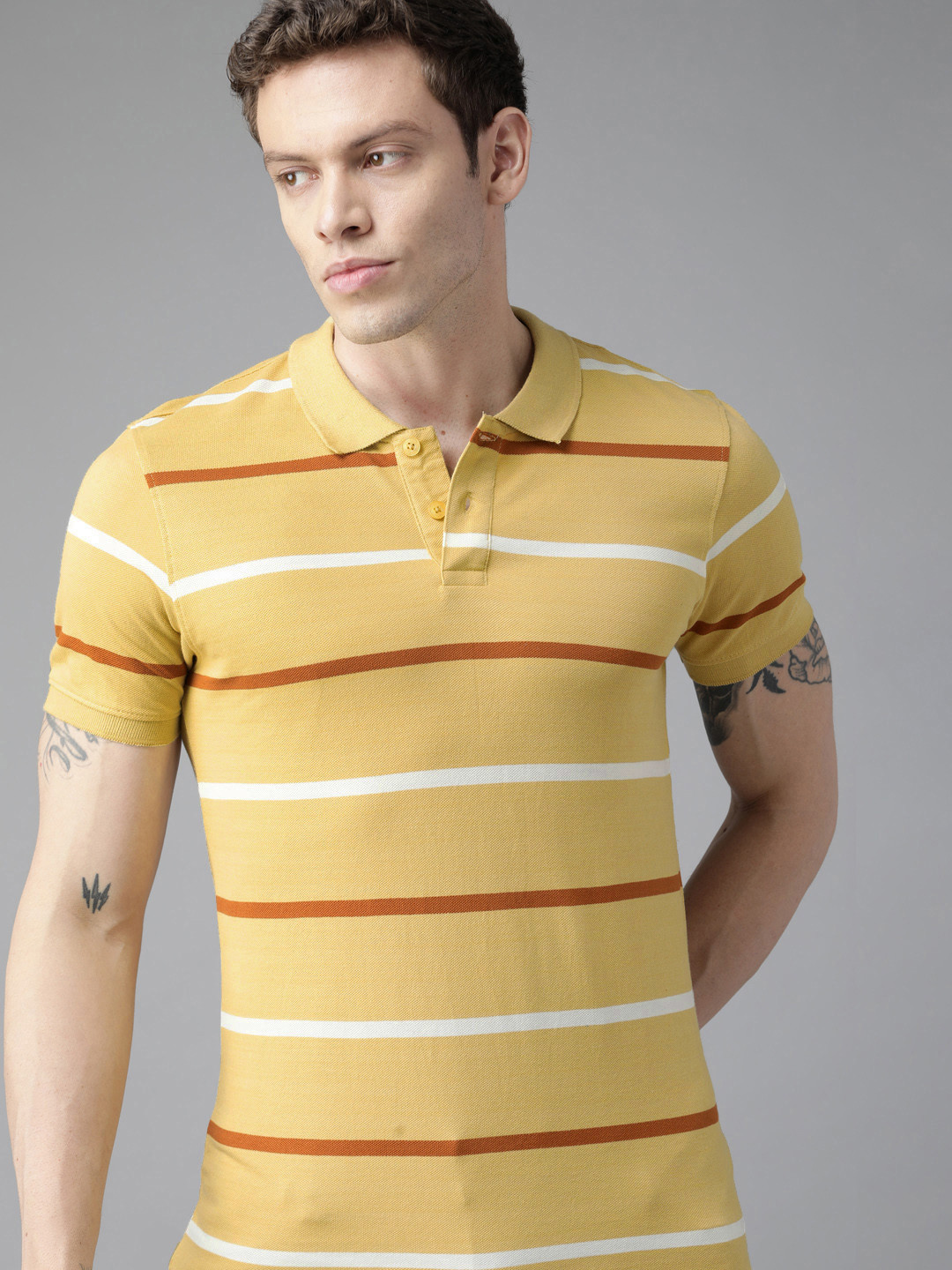 

Roadster Men Yellow & White Striped Polo Collar Pure Cotton T-shirt
