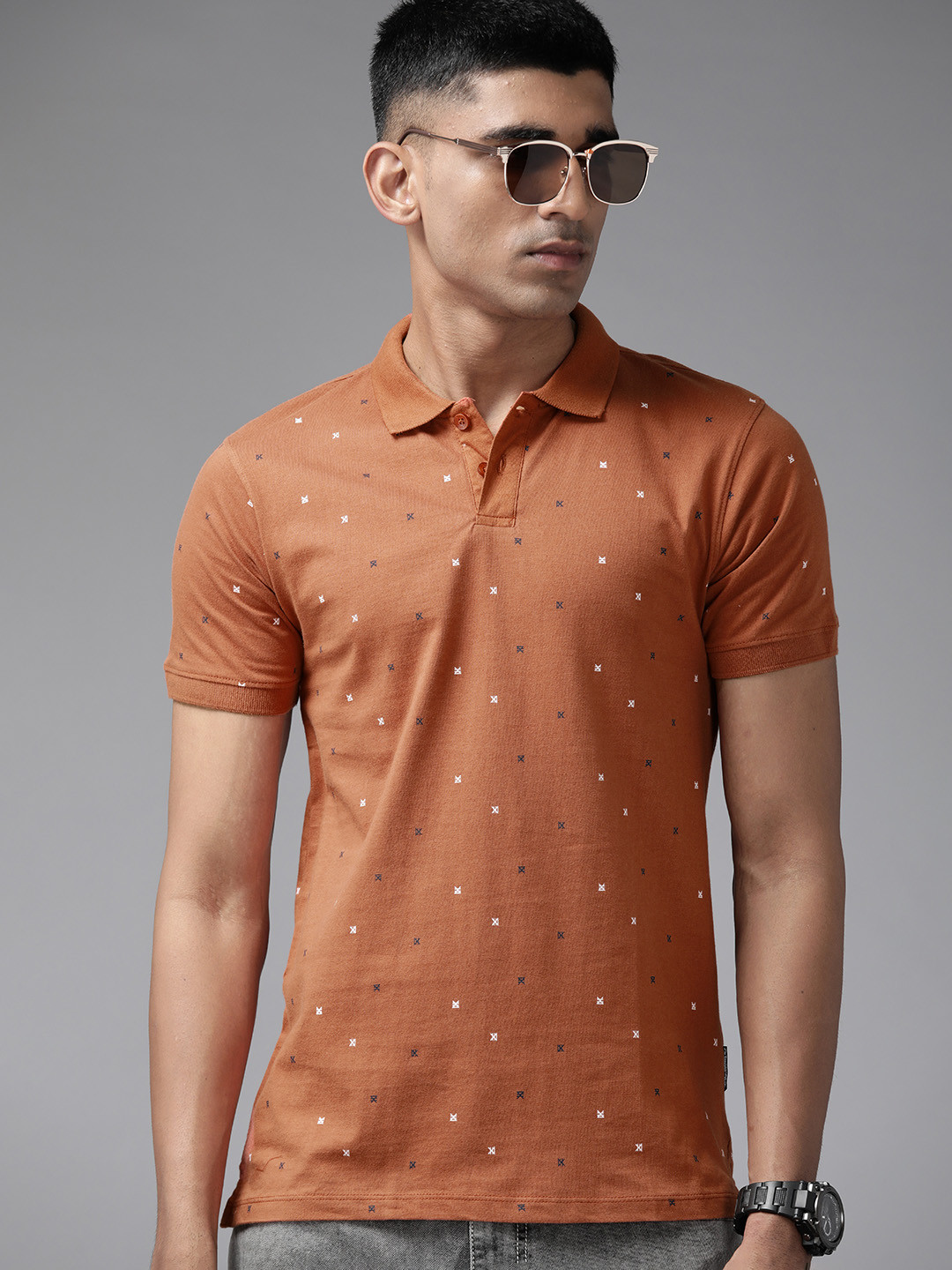 

The Roadster Lifestyle Co. Printed Polo Collar Pure Cotton T-shirt, Rust