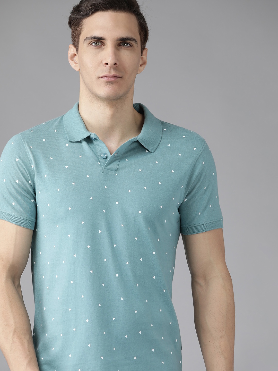 

Roadster Men Blue & White Printed Polo Collar Pure Cotton T-shirt