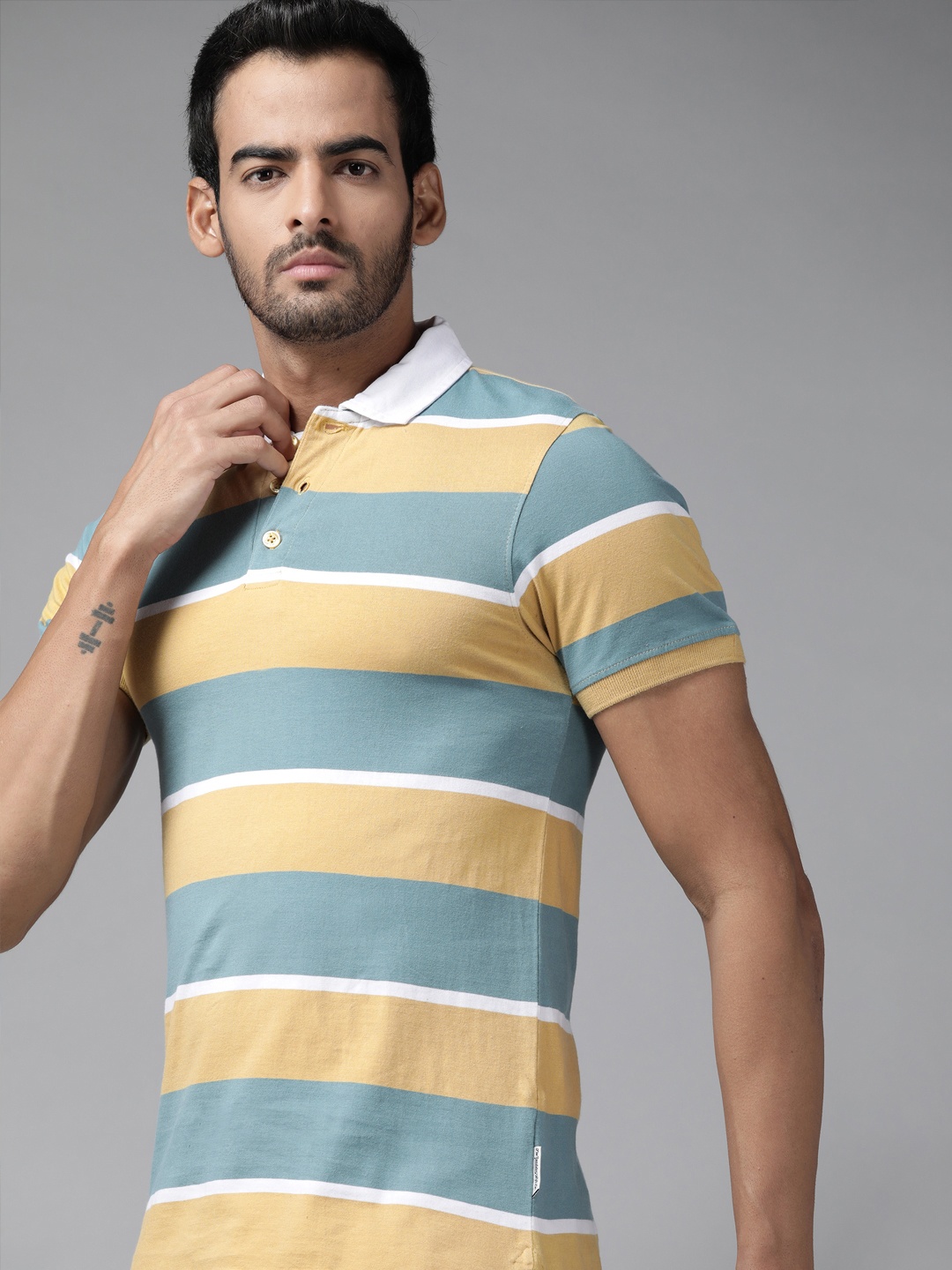 

Roadster Men Khaki & Blue Striped Polo Collar Pure Cotton T-shirt