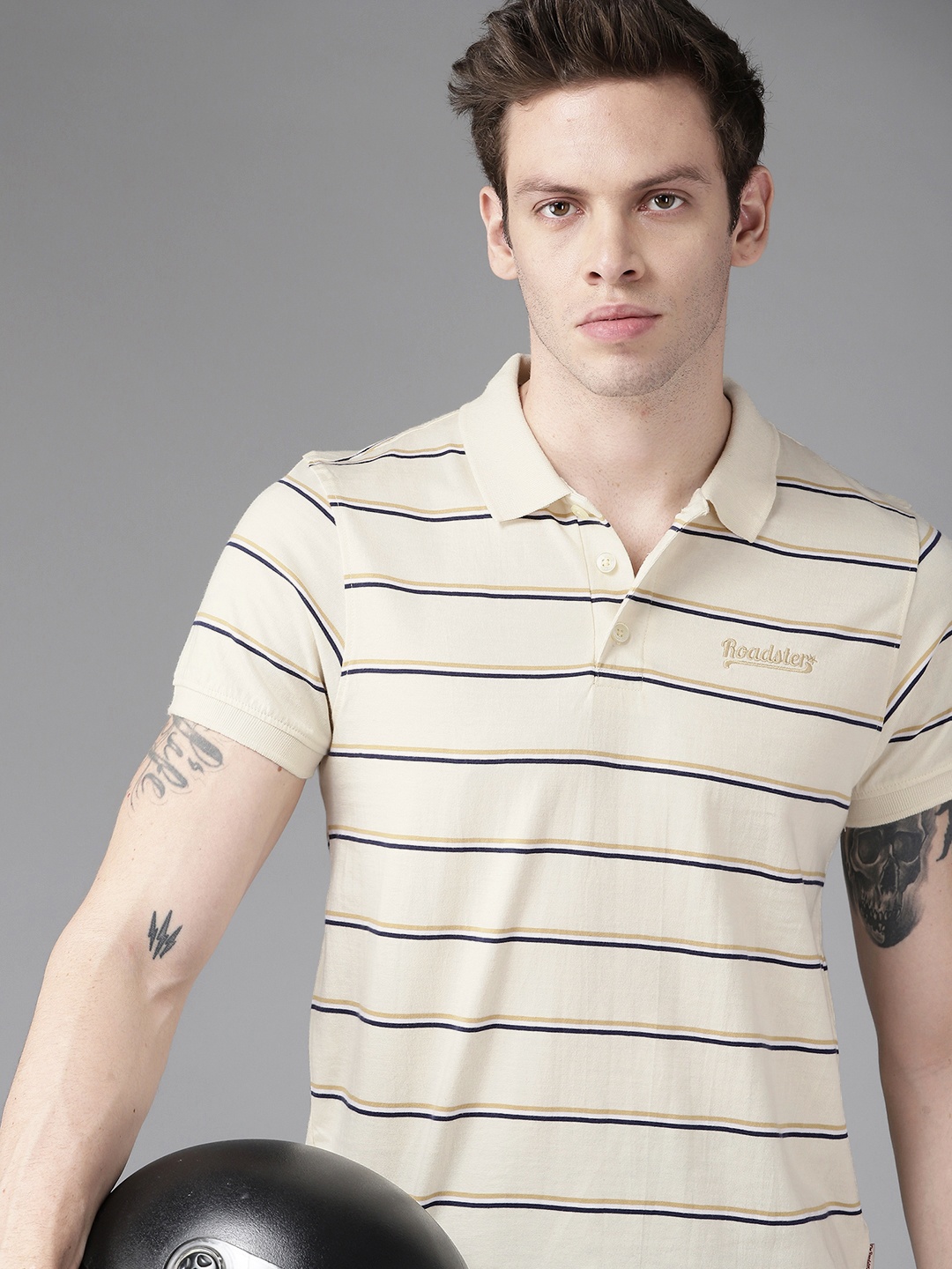 

Roadster Men Yellow & Navy Blue Pure Cotton Striped Polo Collar T-shirt