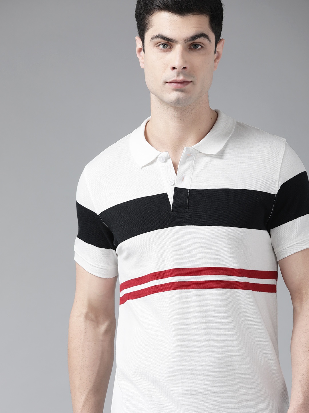 

Roadster Men White & Navy Blue Pure Cotton Striped Polo Collar T-shirt