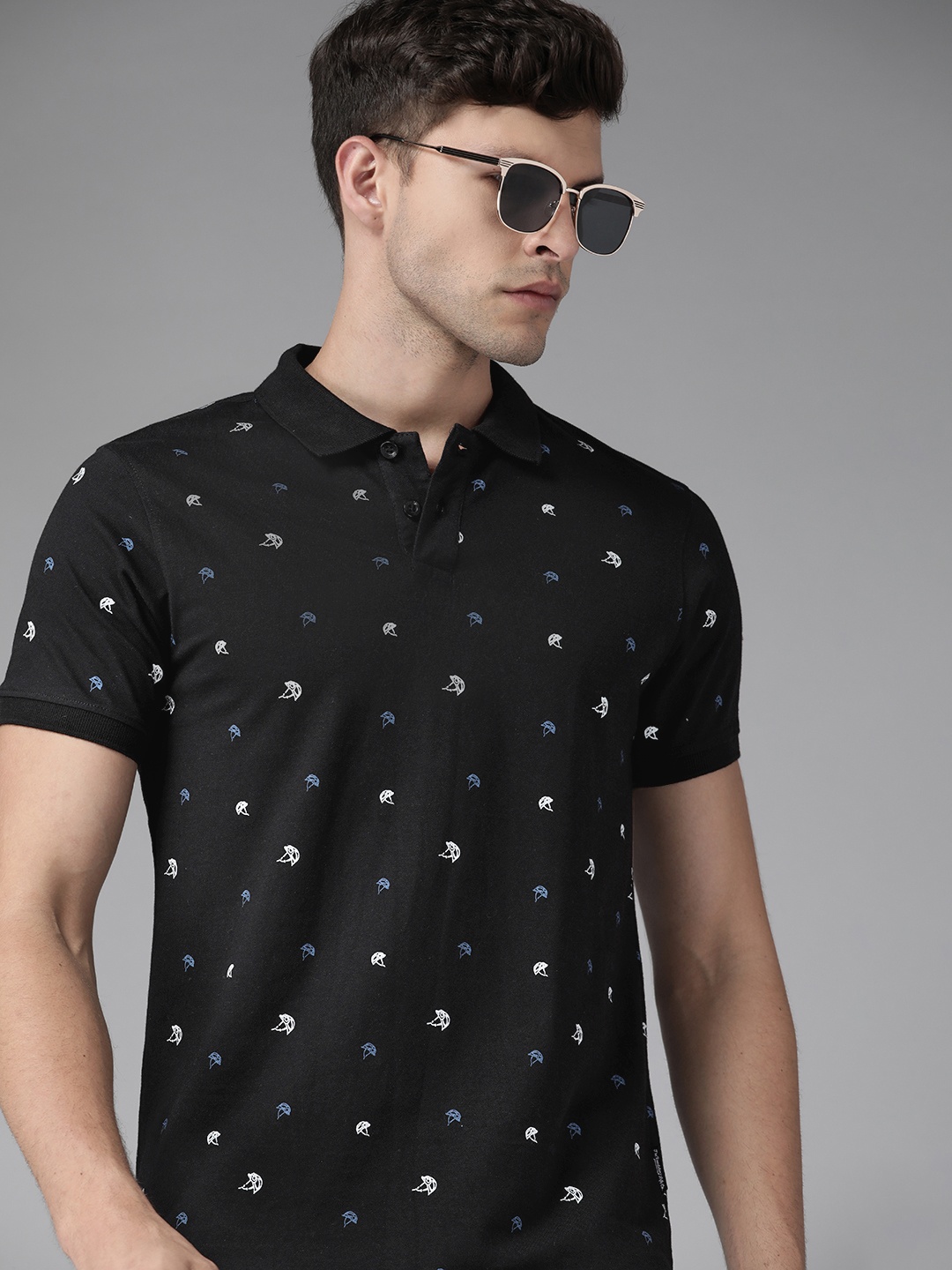 

Roadster Men Black & White Pure Cotton Conversational Printed Polo Collar T-shirt