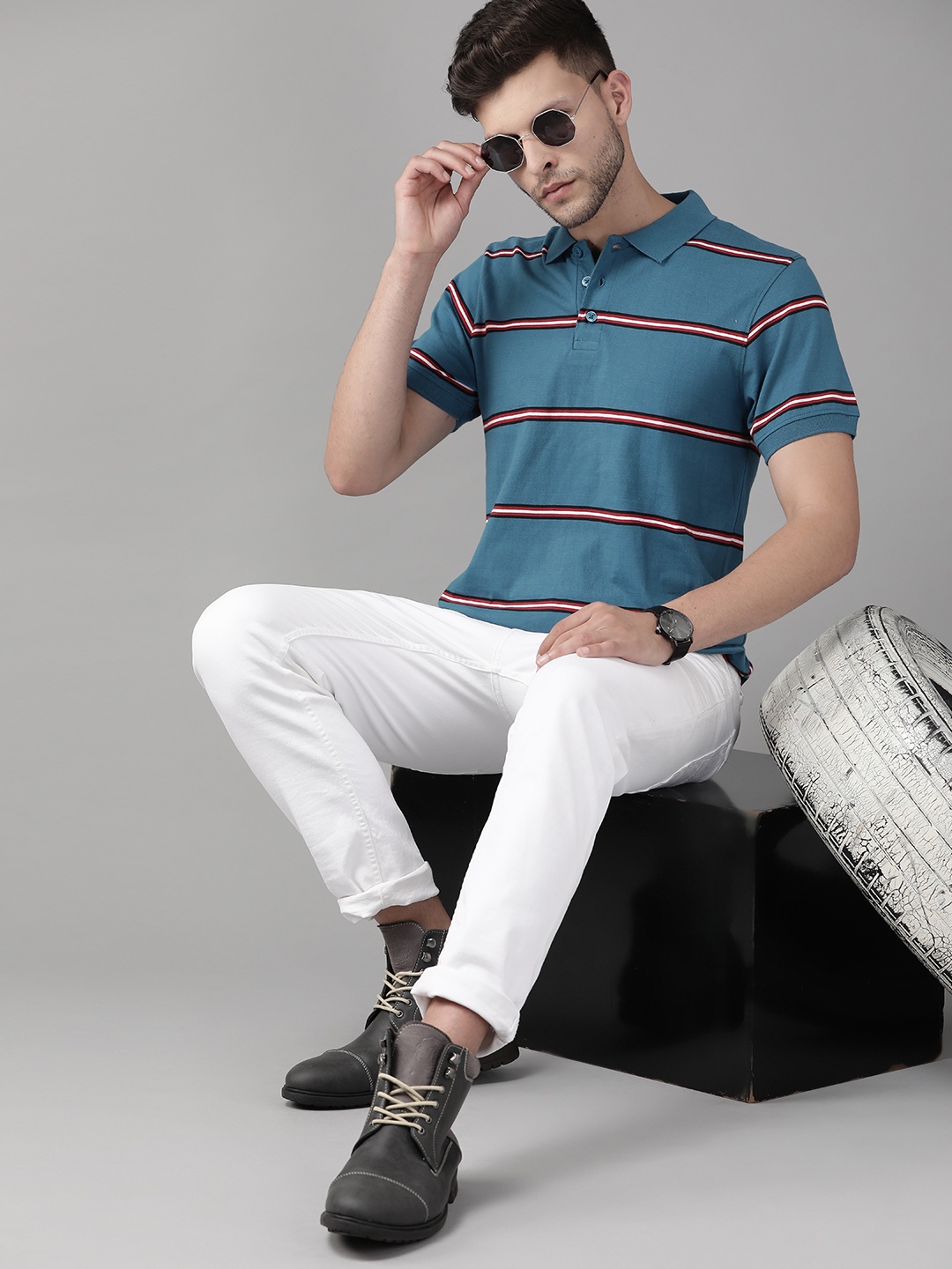 

Roadster Men Blue & Red Striped Polo Collar Pure Cotton T-shirt