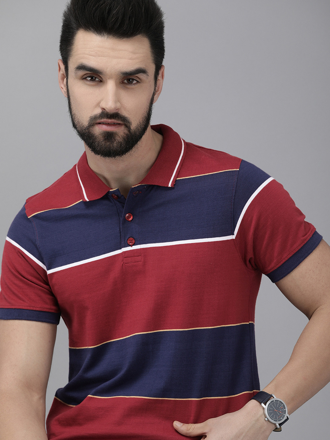 

The Roadster Lifestyle Co. Men Maroon & Navy Blue Striped Polo Collar Pure Cotton T-shirt
