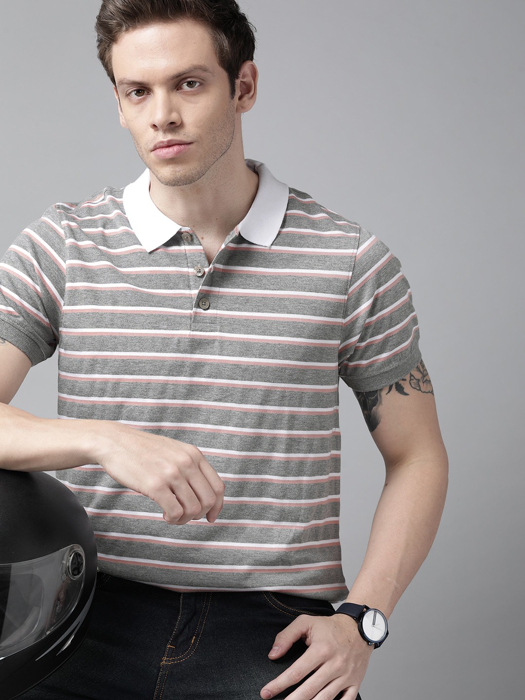 

Roadster Men Grey Melange & White Striped Polo Collar T-shirt