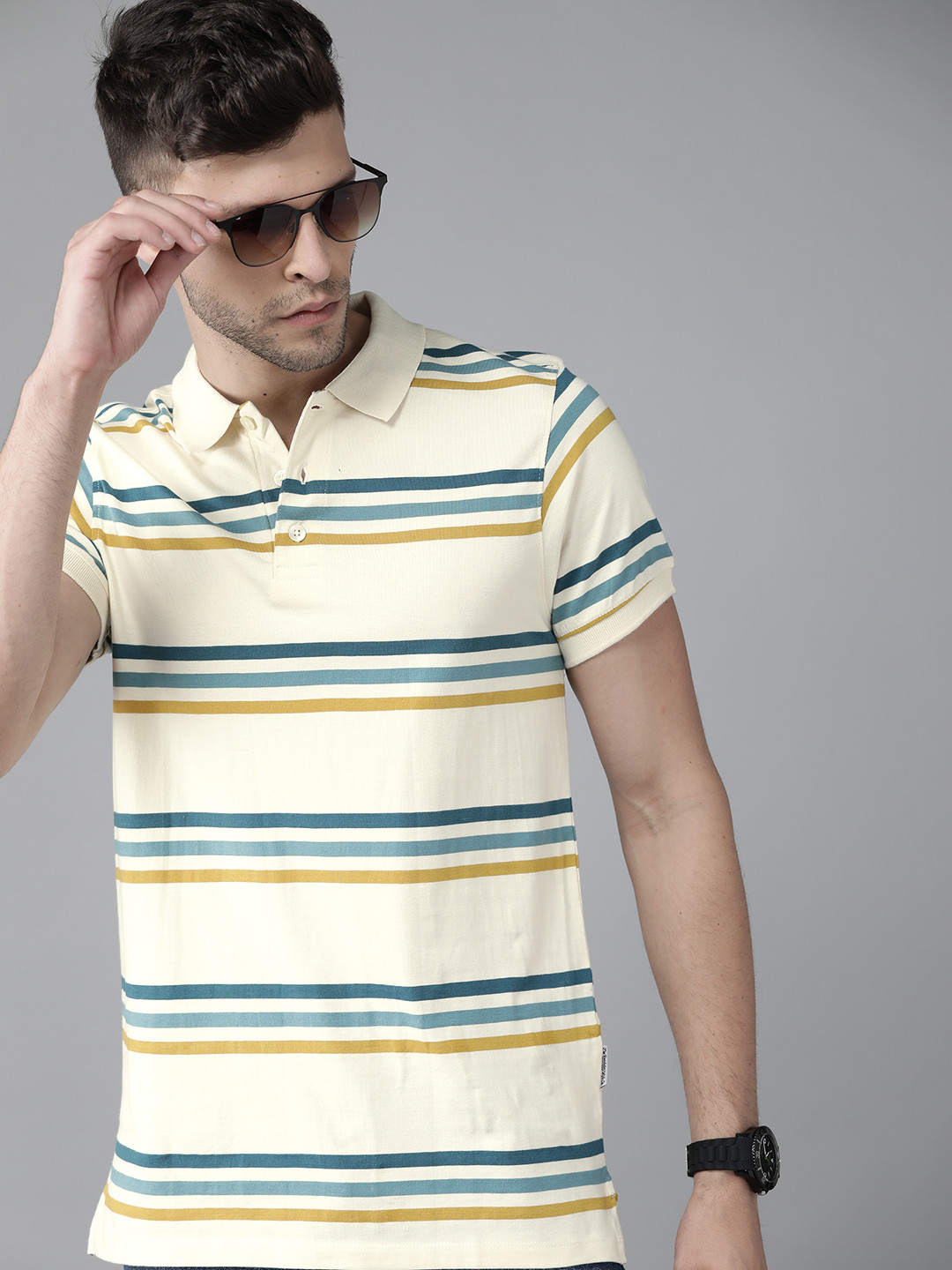 

Roadster Men Off White & Teal Blue Striped Polo Collar Pure Cotton T-shirt