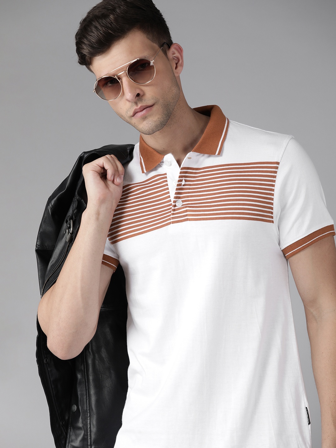 

Roadster Men White & Rust Orange Striped Polo Collar Pure Cotton T-shirt