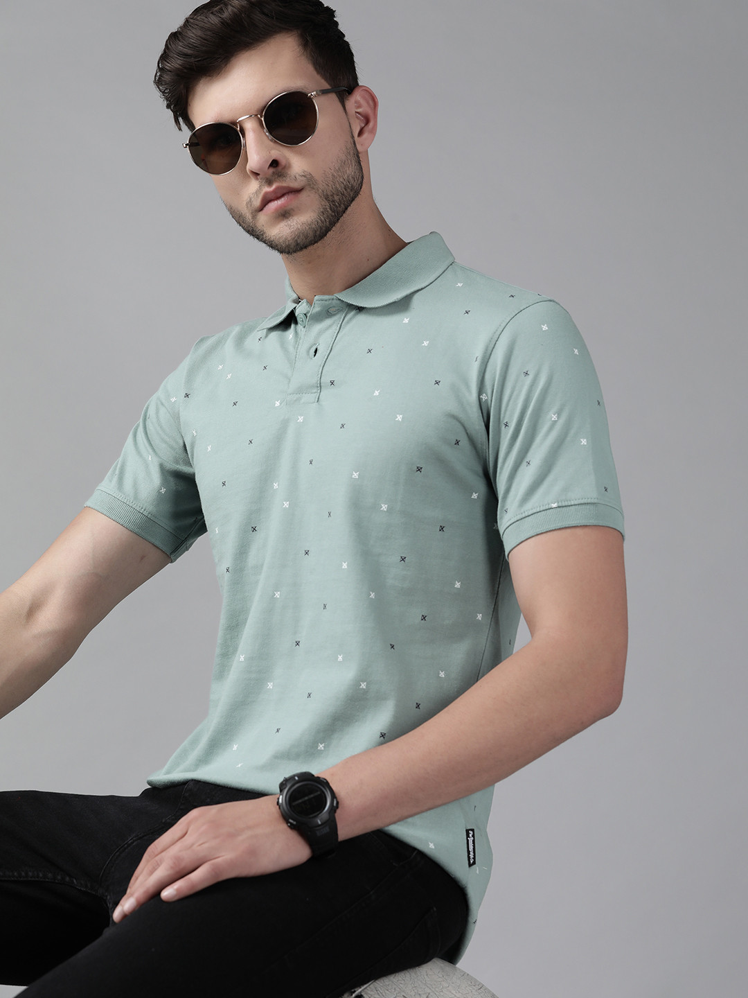 

Roadster Men Green & White Printed Polo Collar Pure Cotton T-shirt