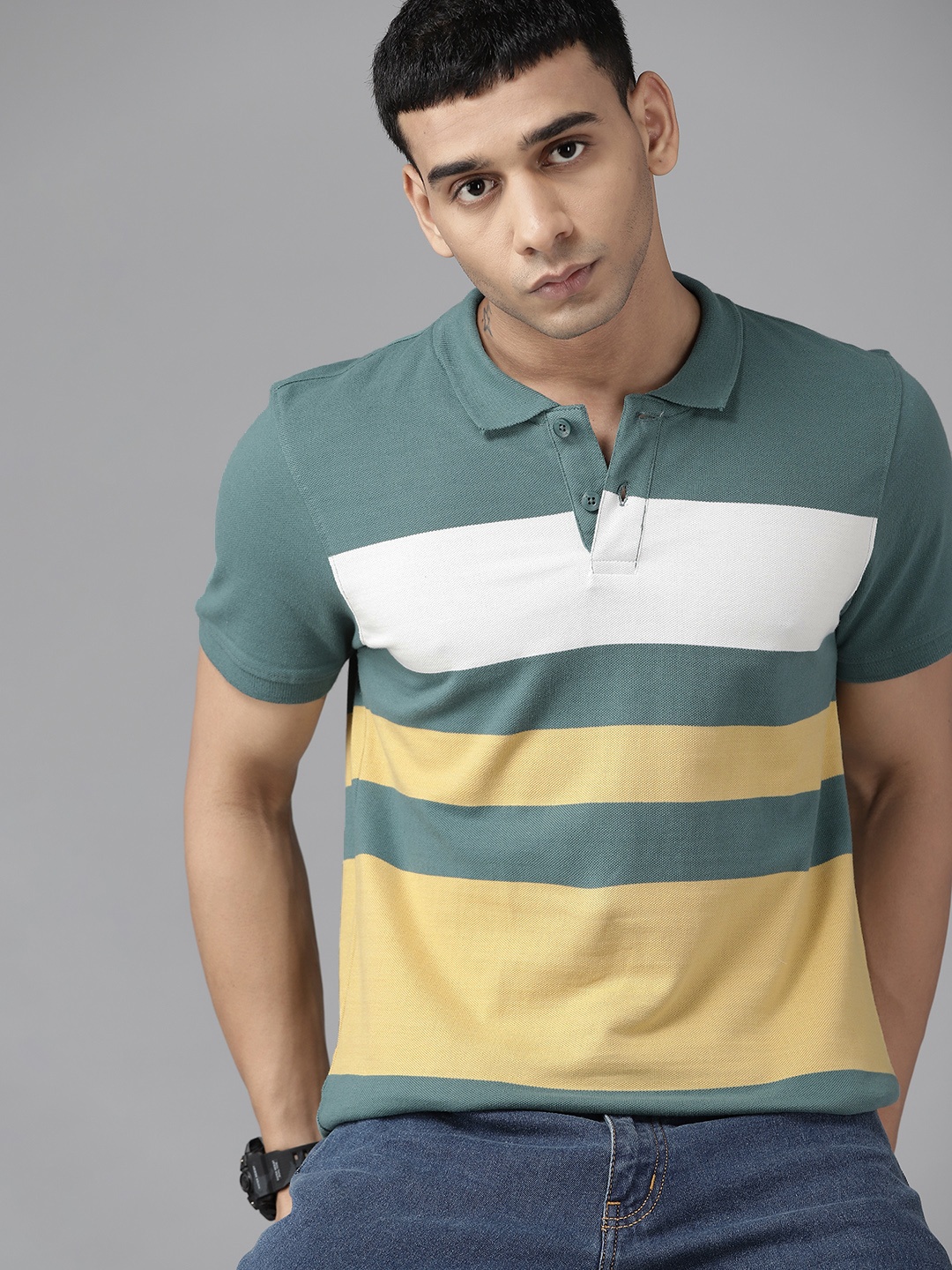 

Roadster Men Sea Green & Mustard Yellow Striped Polo Collar Pure Cotton T-shirt