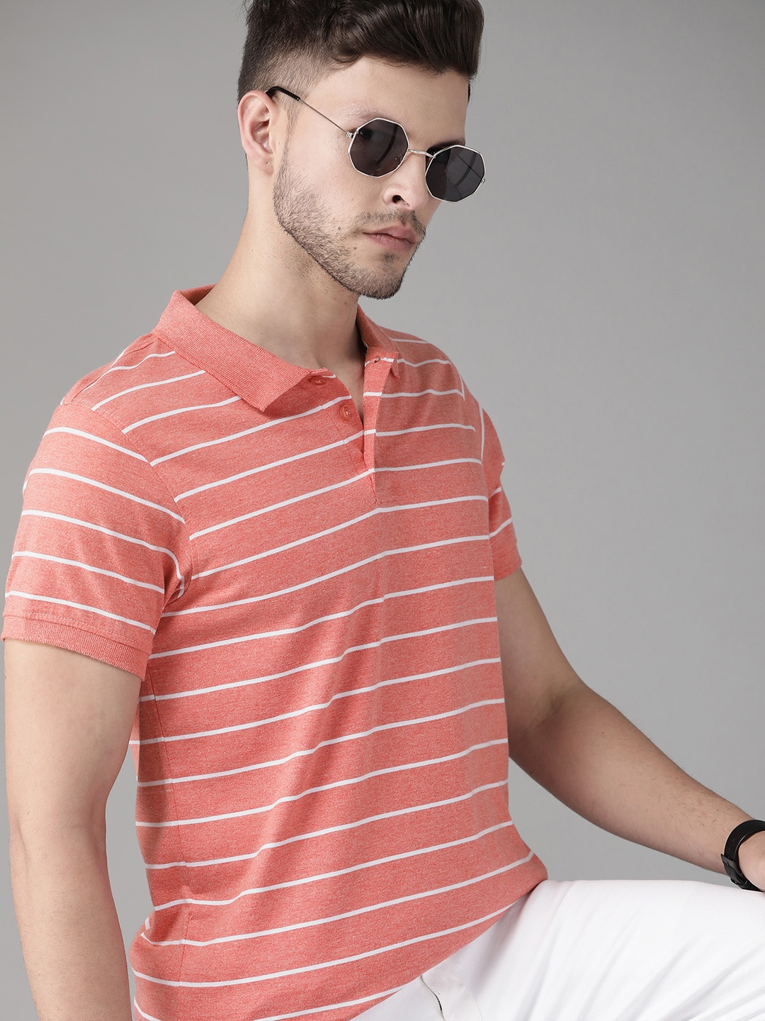 

Roadster Men Coral & White Striped Polo Collar T-shirt