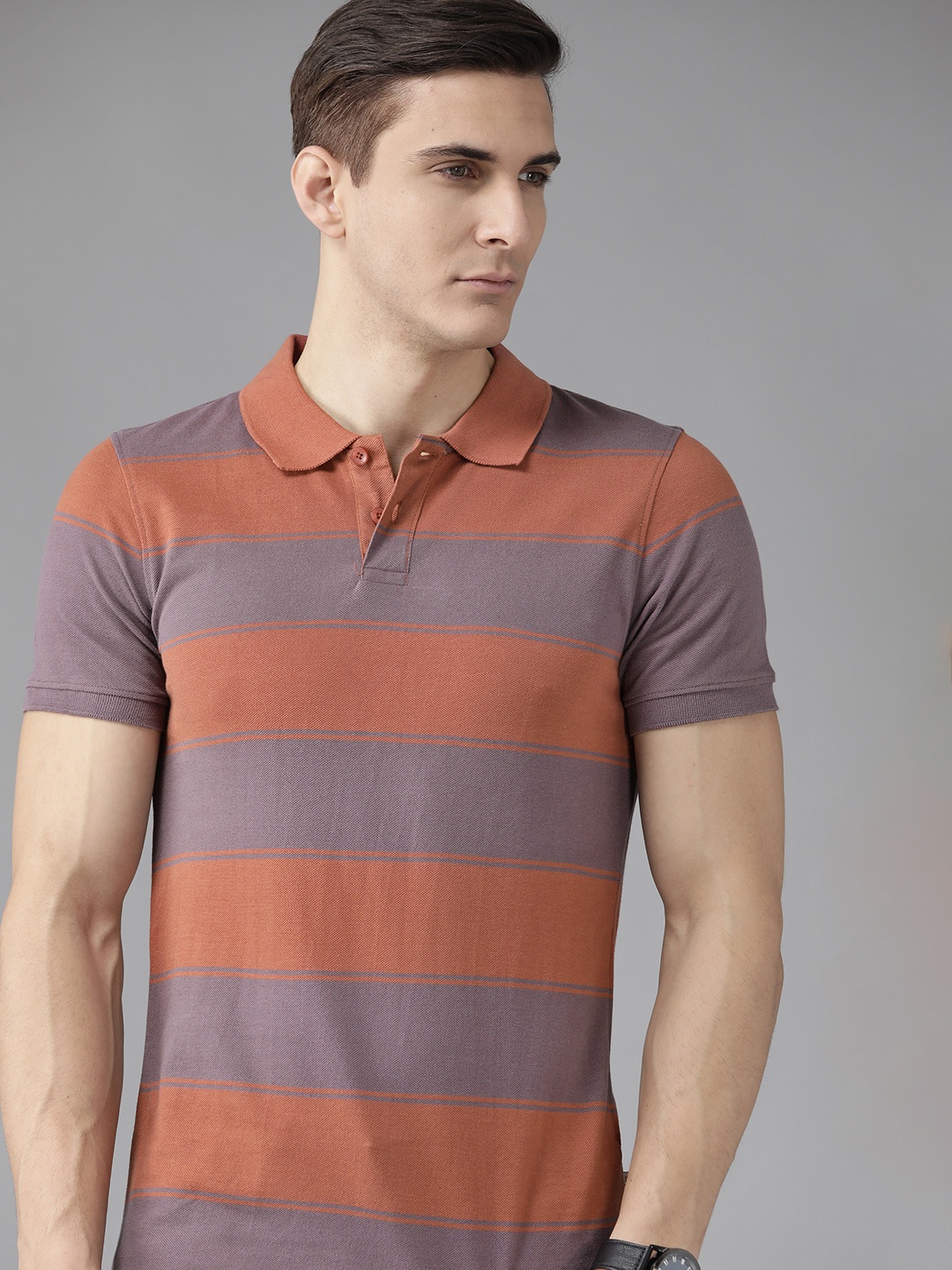 

Roadster Men Rust Orange & Mauve Striped Polo Collar Pure Cotton T-shirt