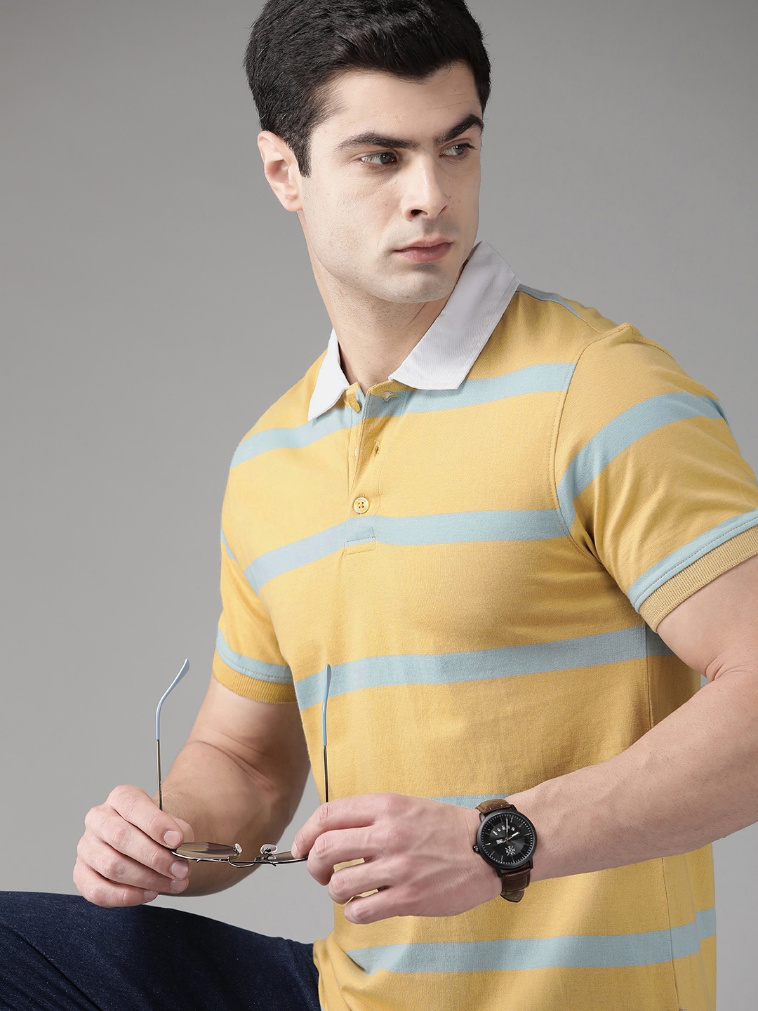 

Roadster Men Khaki & Blue Striped Polo Collar Pure Cotton T-shirt