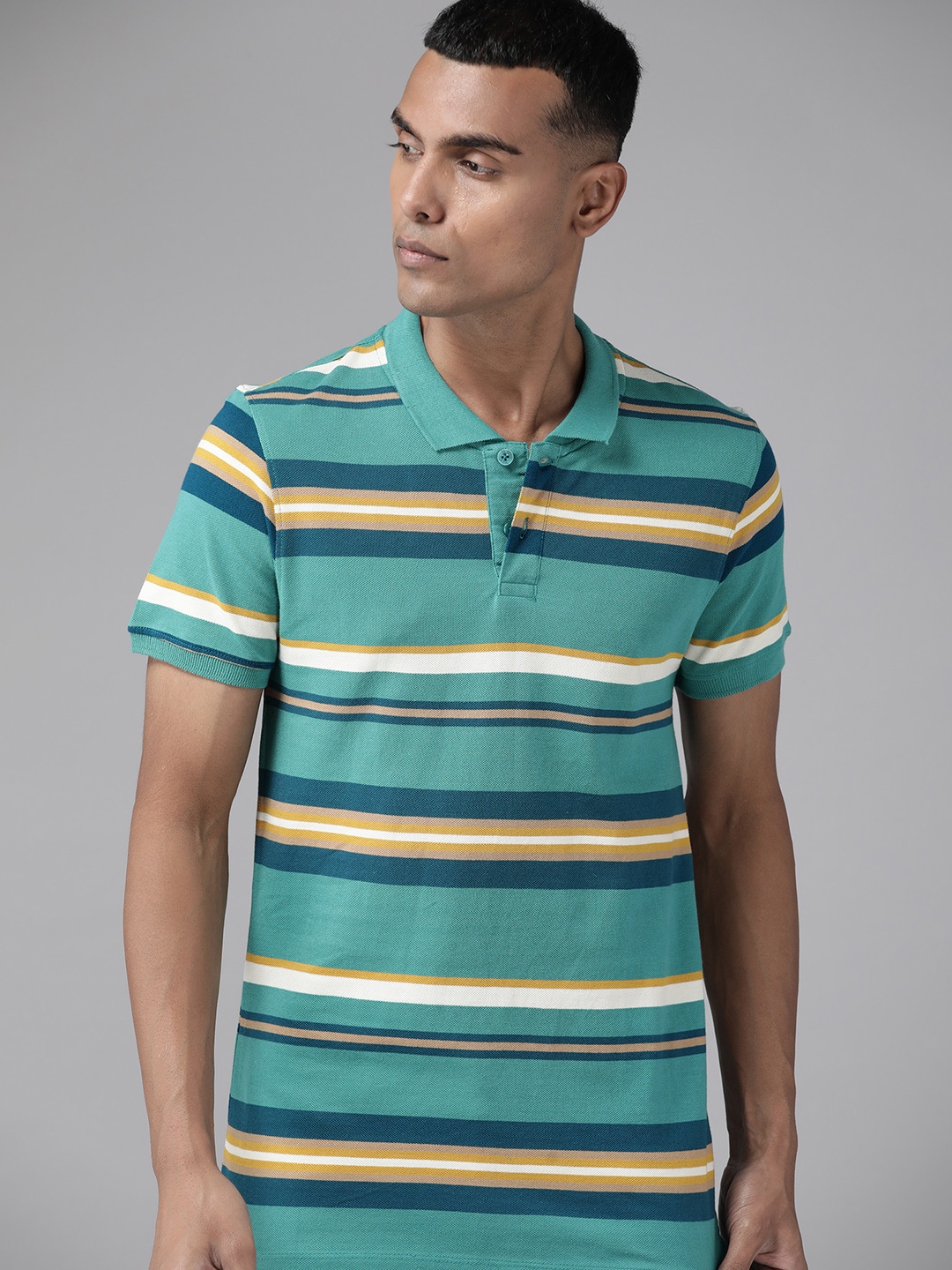 

The Roadster Lifestyle Co. Striped Polo Collar Pure Cotton T-shirt, Green