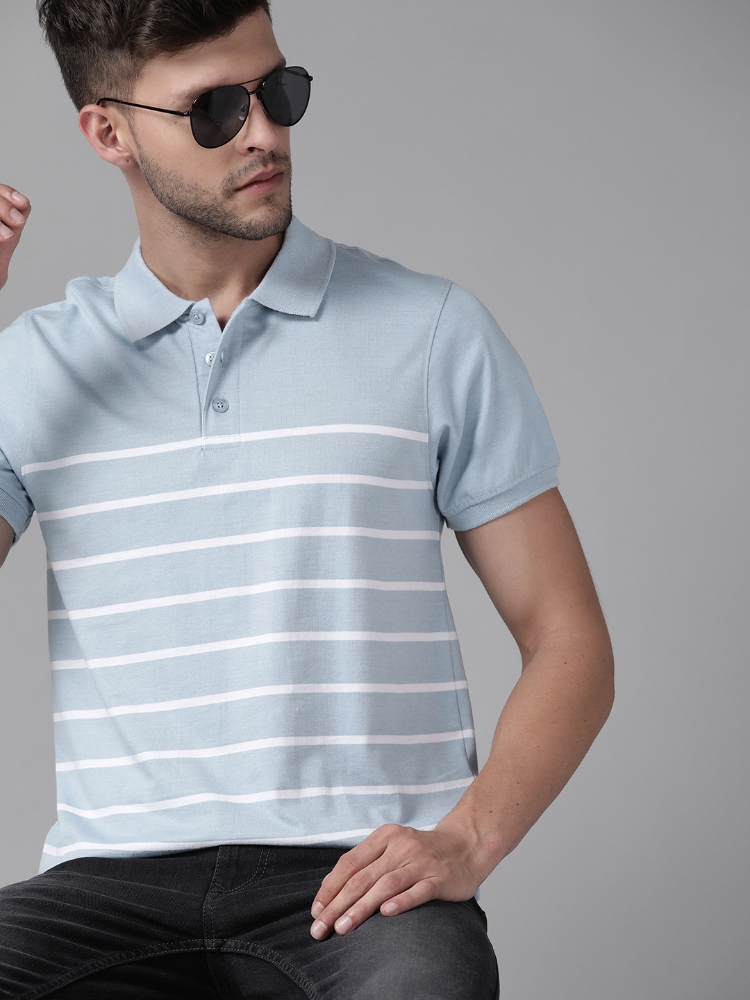 

Roadster Men Blue & White Striped Polo Collar T-shirt