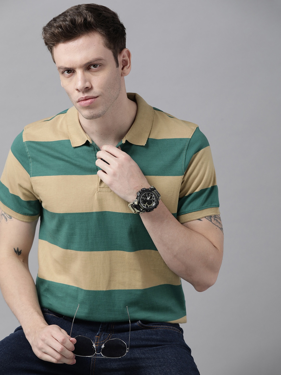 

Roadster Men Beige & Green Striped Polo Collar Pure Cotton T-shirt