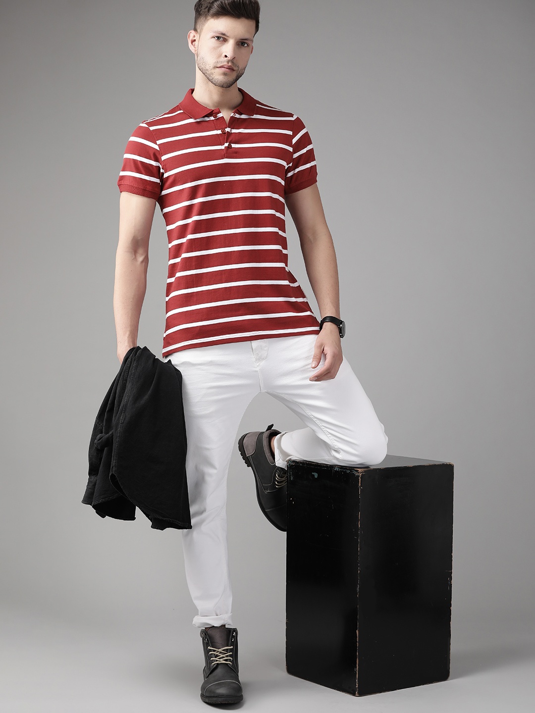 

Roadster Men Red & White Striped Polo Collar Pure Cotton T-shirt