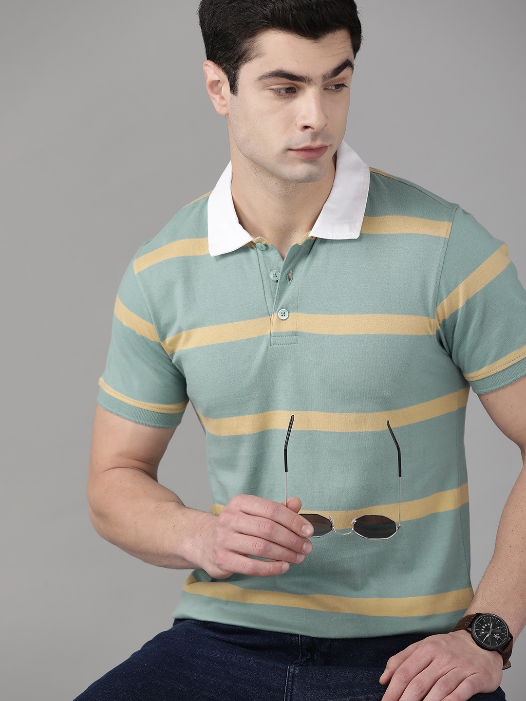 

Roadster Men Blue & Beige Striped Polo Collar Pure Cotton T-shirt