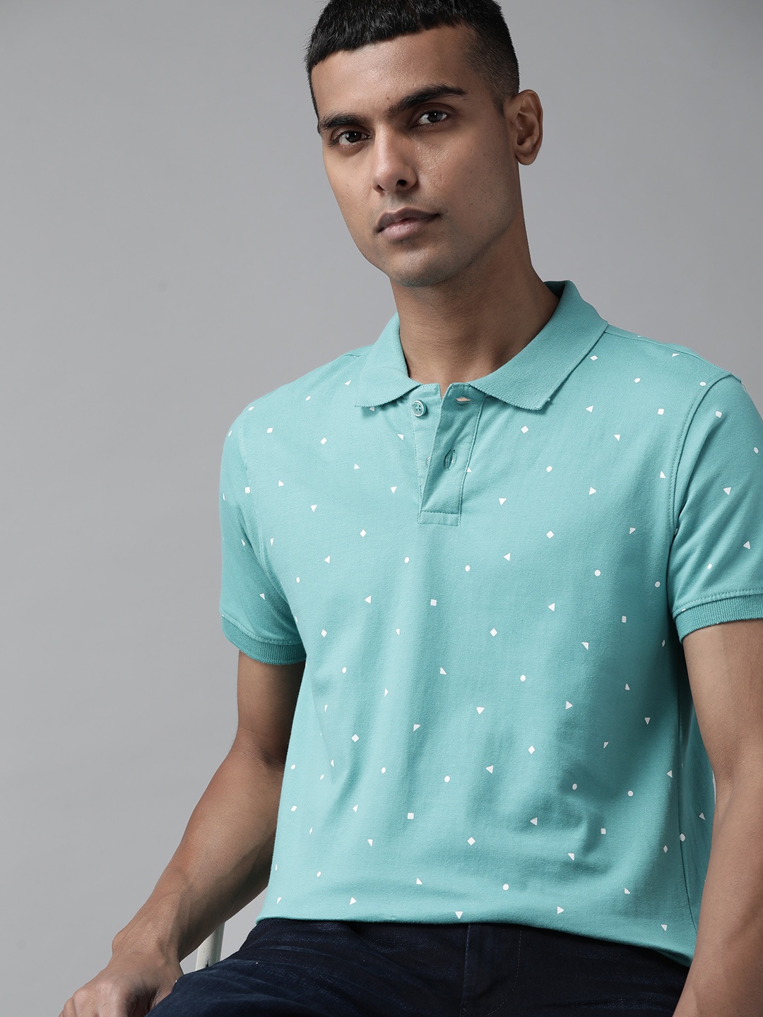

Roadster Men Blue & White Pure Cotton Printed Polo Collar T-shirt