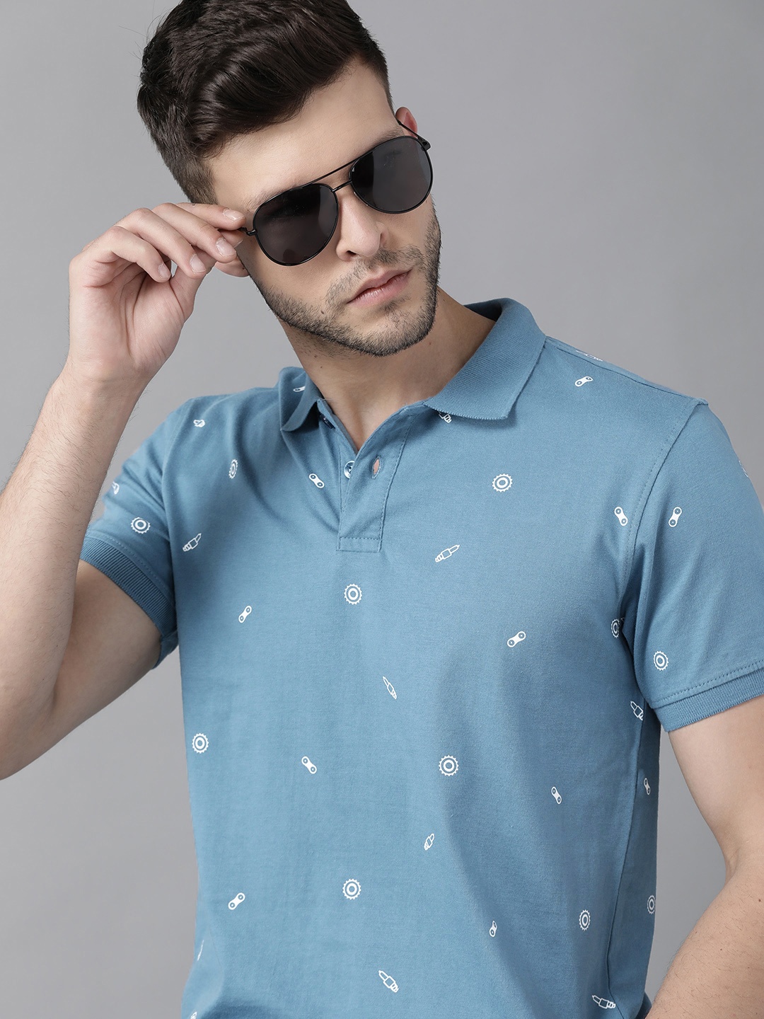 

Roadster Men Blue & White Pure Cotton Printed Polo Collar T-shirt