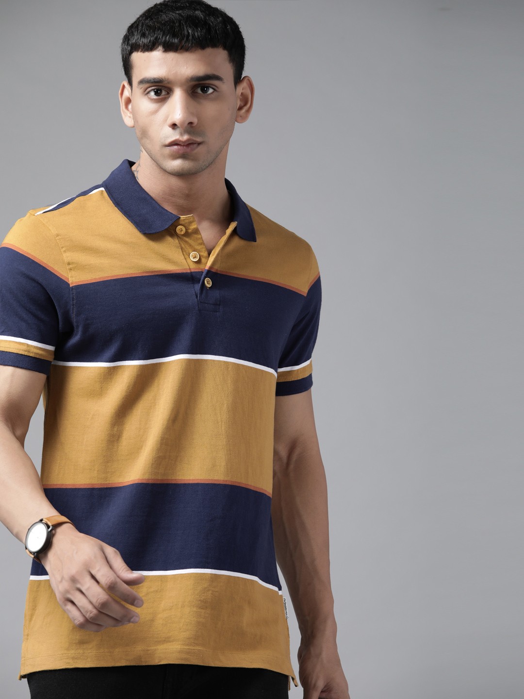 

Roadster Men Mustard Brown & Navy Blue Striped Polo Collar Pure Cotton T-shirt