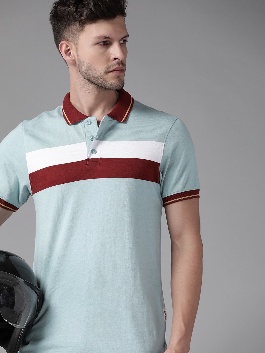

Roadster Men Blue & Maroon Striped Polo Collar Pure Cotton T-shirt